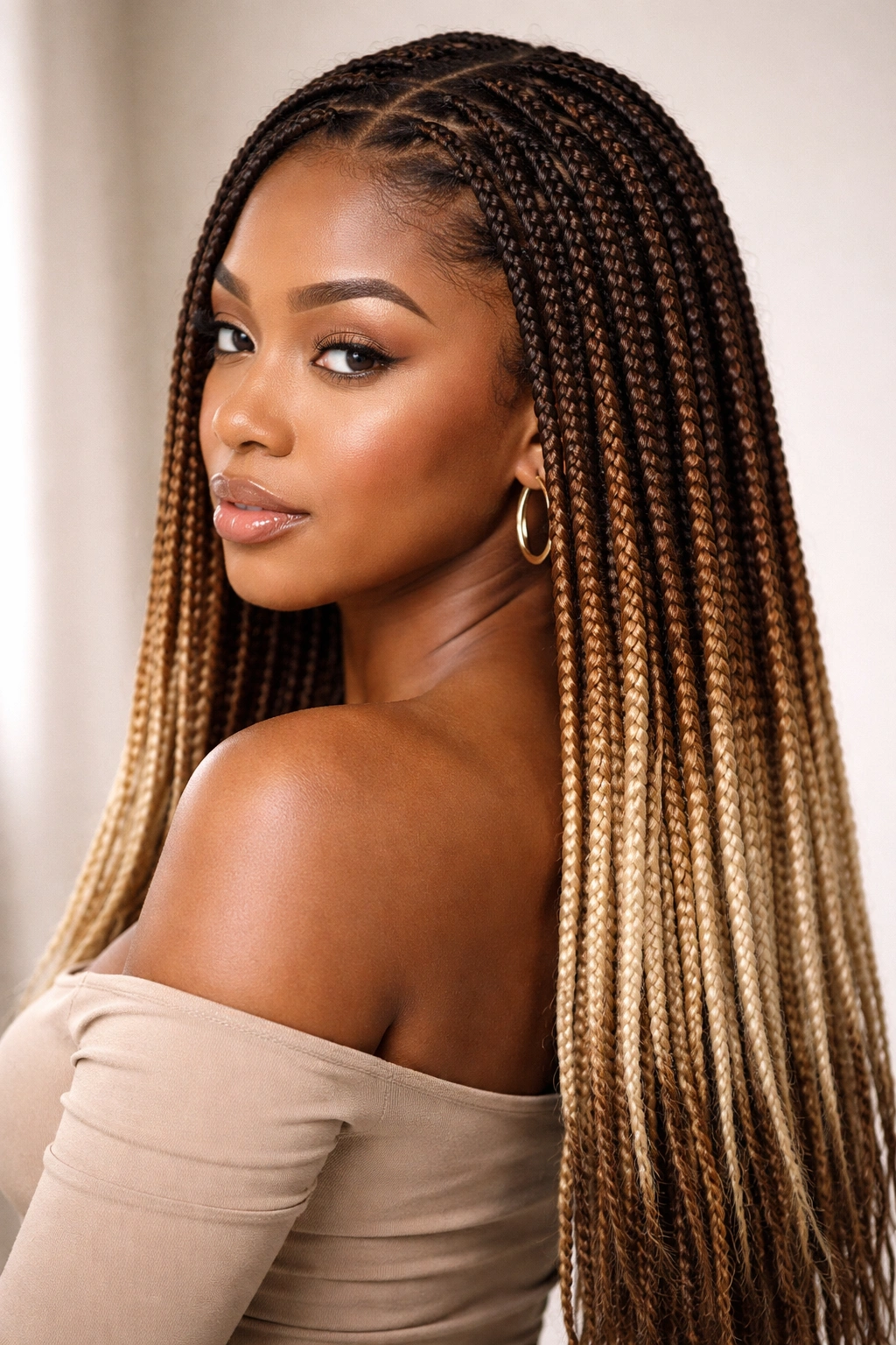 Colored knotless braids showing ombre balayage from dark roots to light ends