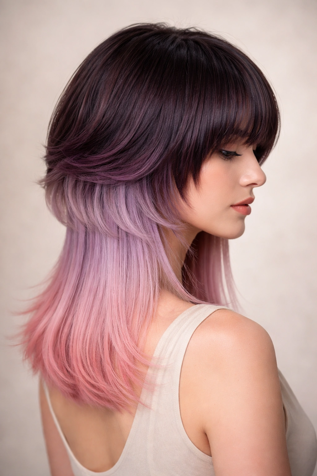 Two-tone colored jellyfish haircut with dark top and lighter underneath