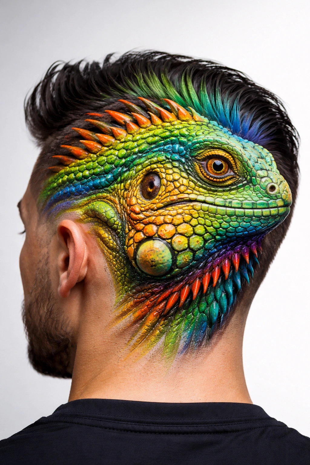 Head with reptile-inspired shaved design and vibrant color resembling a lizard