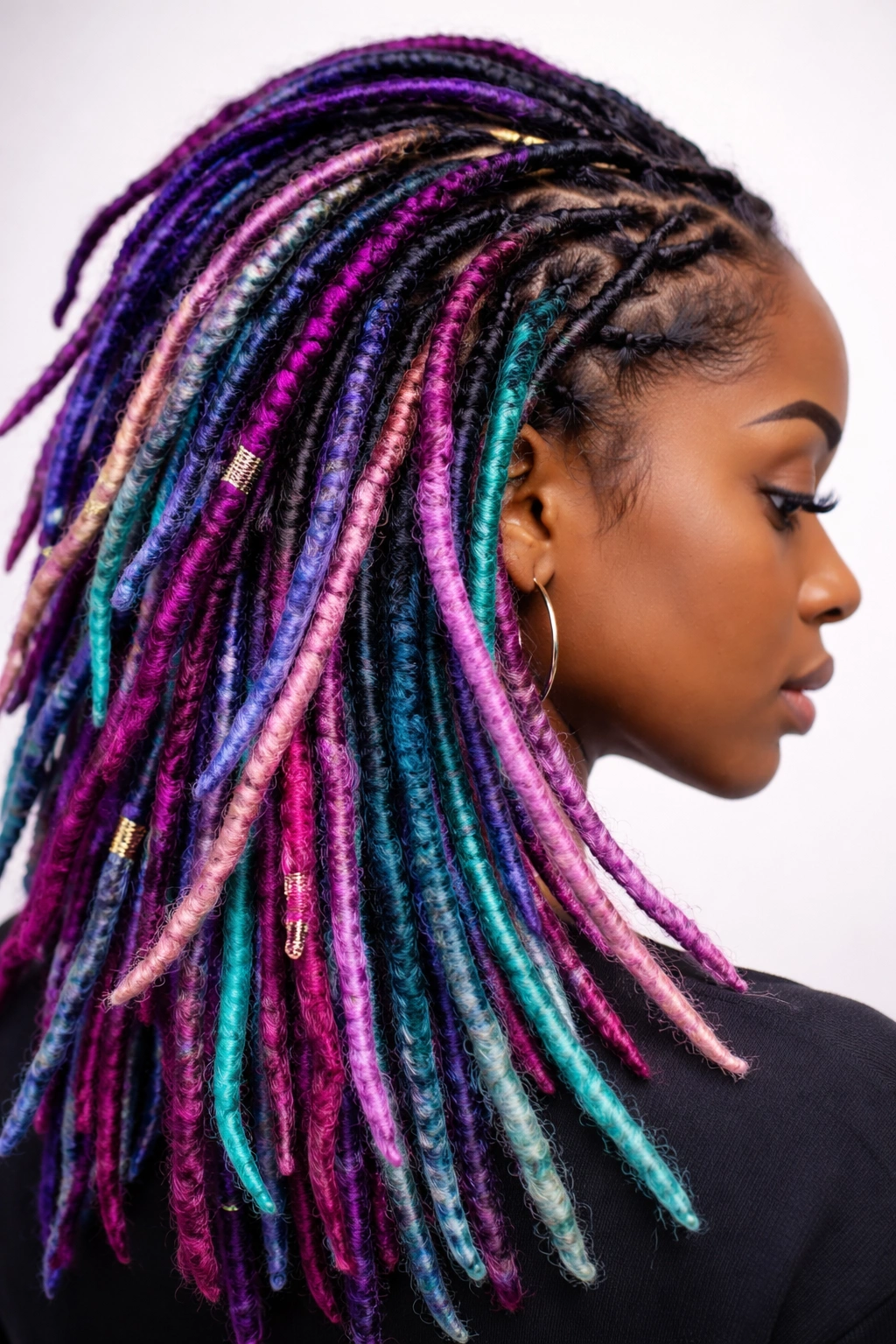 Close-up of locs dyed in jewel tones and pastels