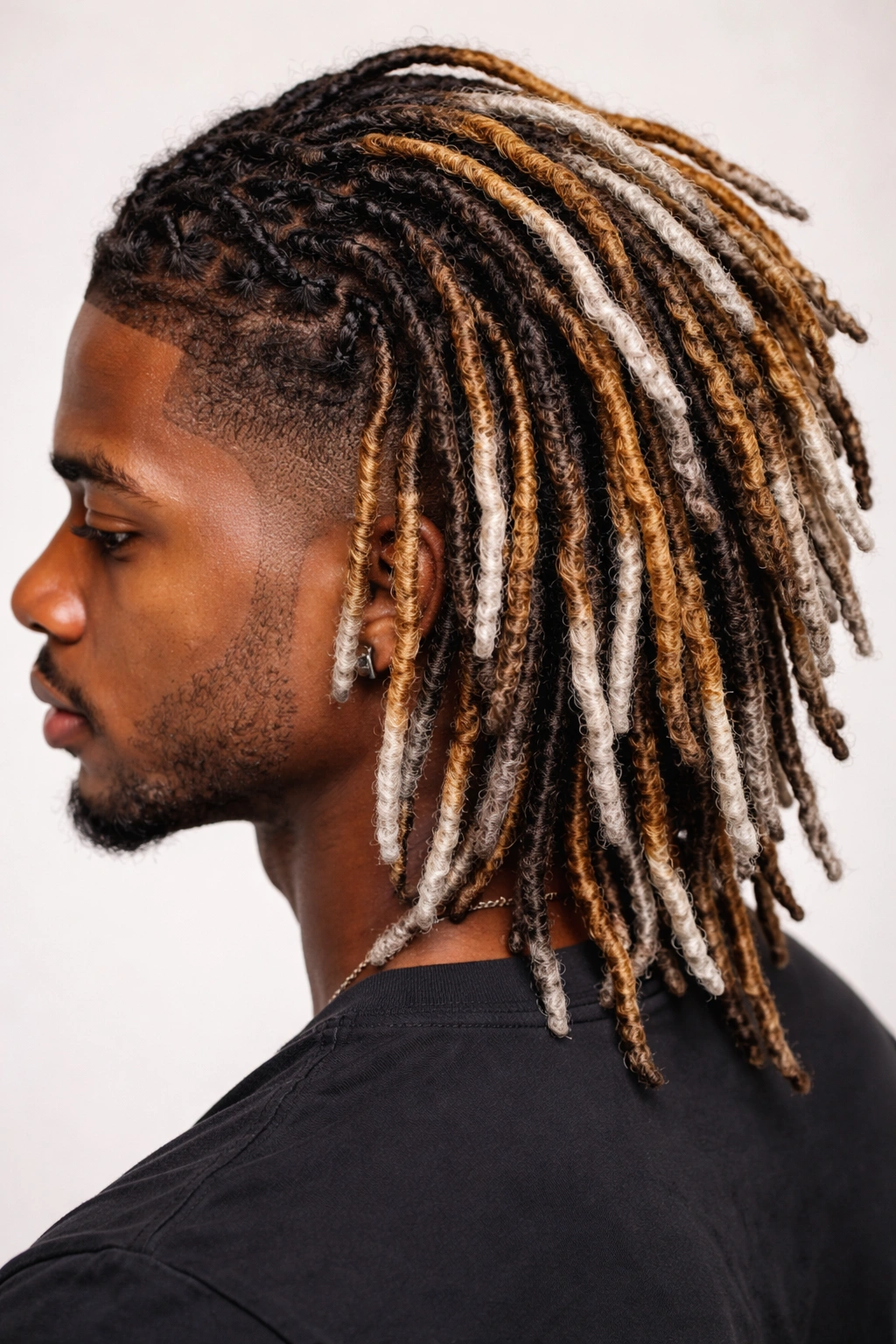 Close-up of colored locs with honey to platinum highlights