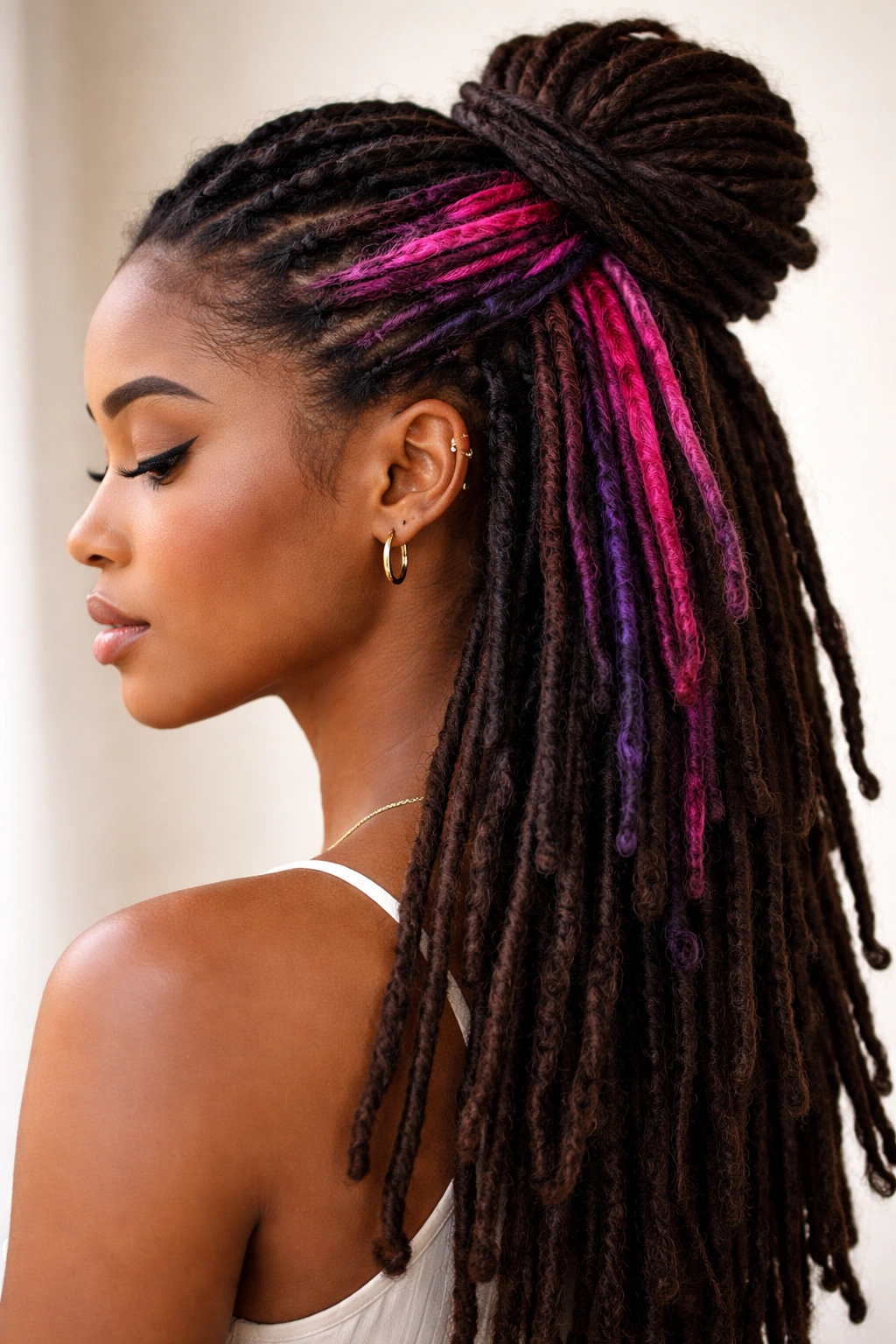 15 Dreadlock Styles For Women At Every Length 15 Side view of partial updo with a bold colored section of locs visible on one side
