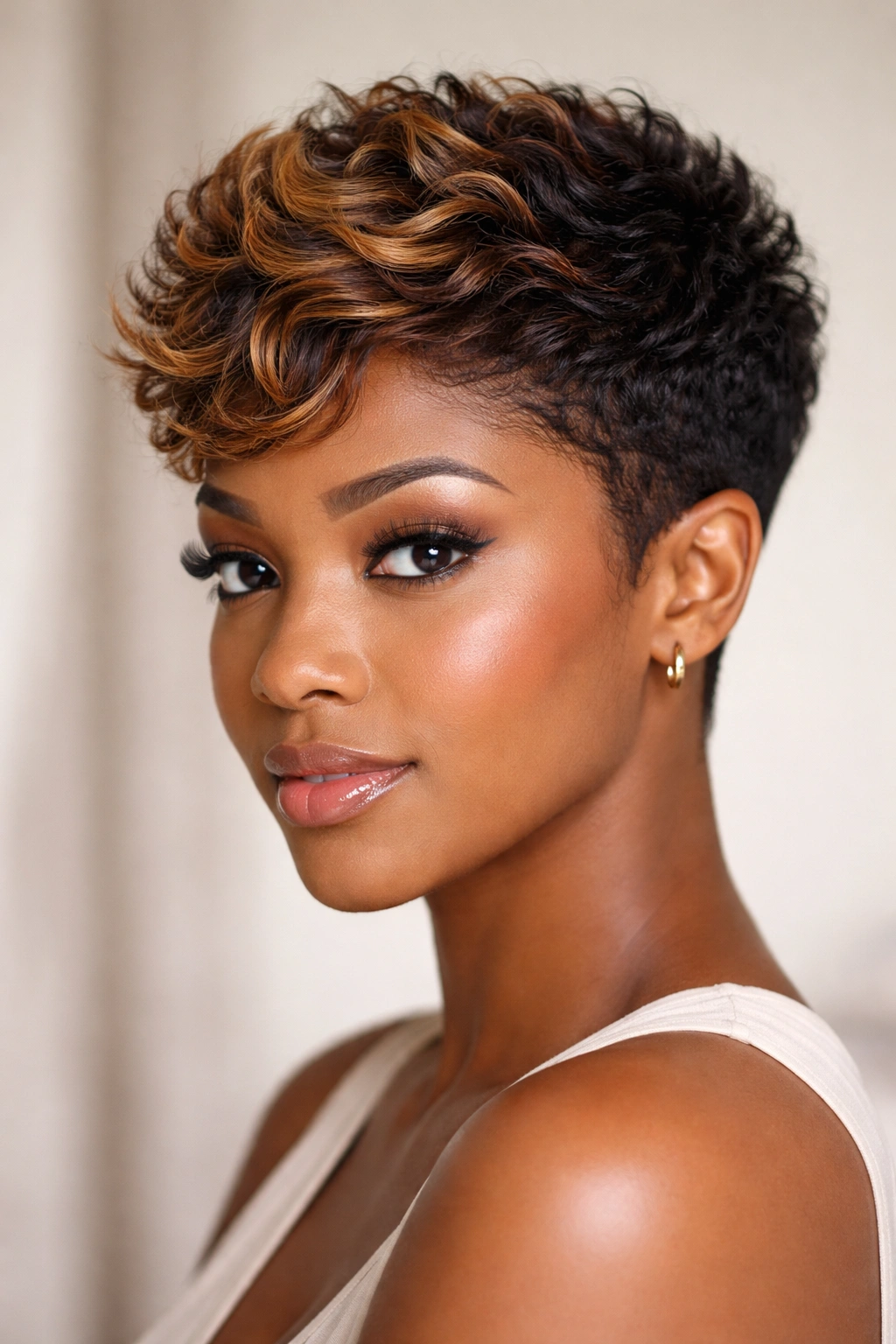20 Short Natural Hairstyles You Ll Want To Try 12 Close-up of a colored textured pixie cut with dimensional crown color.