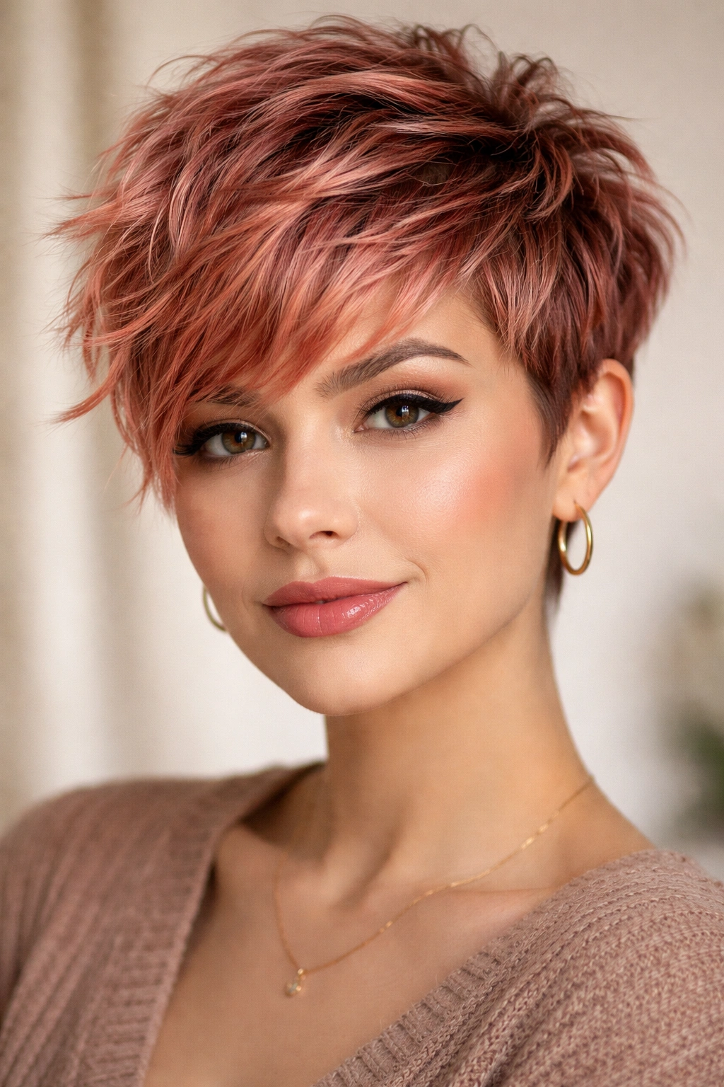 Close-up of colored textured pixie in bold jewel tones highlighting texture and color