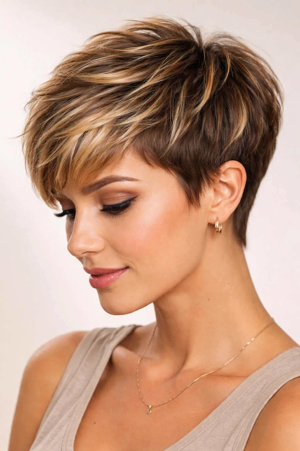 Close-up of a short textured crop with dimensional color highlights and lowlights.