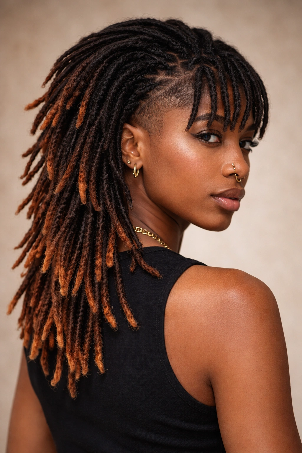 Mullet locs with copper-toned colored tips on long back sections