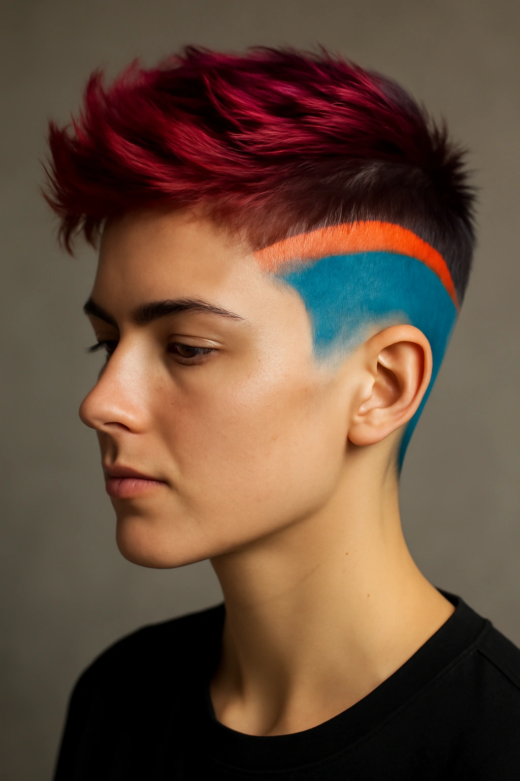 10 Edgy Short Hairstyles That Take Undercuts to Another Level 7 Close-up portrait of bold colored undercut with contrasting top color and sharp lines