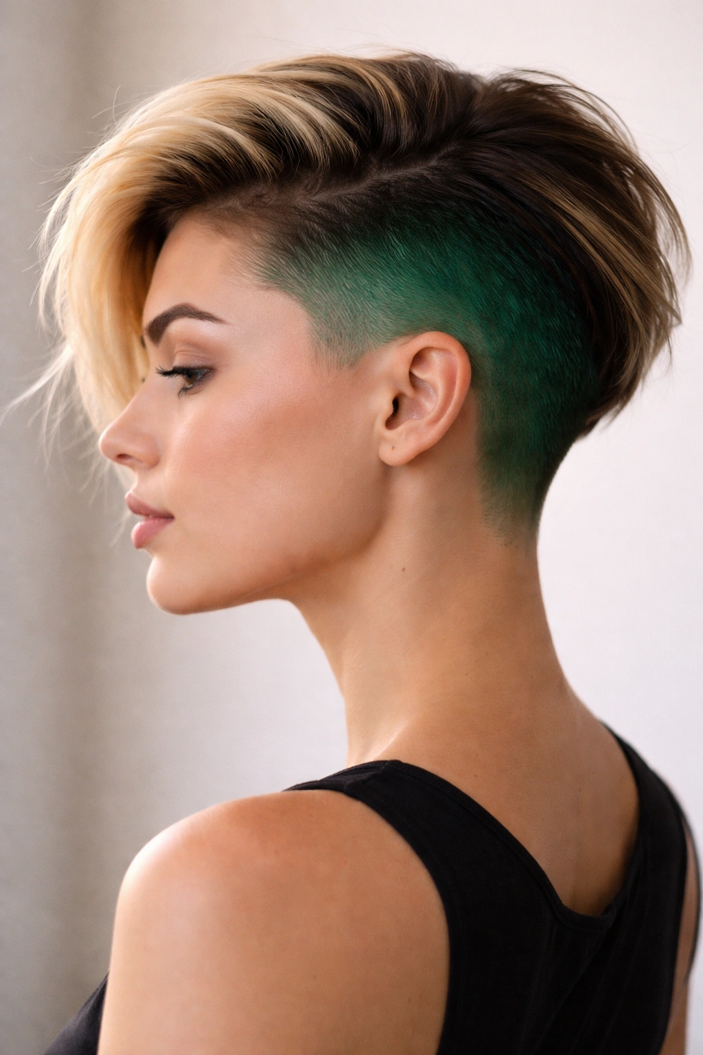 12 Undercut Hairstyles For Women Who Crave Edge 9 Profile view with emerald colored undercut under natural top hair