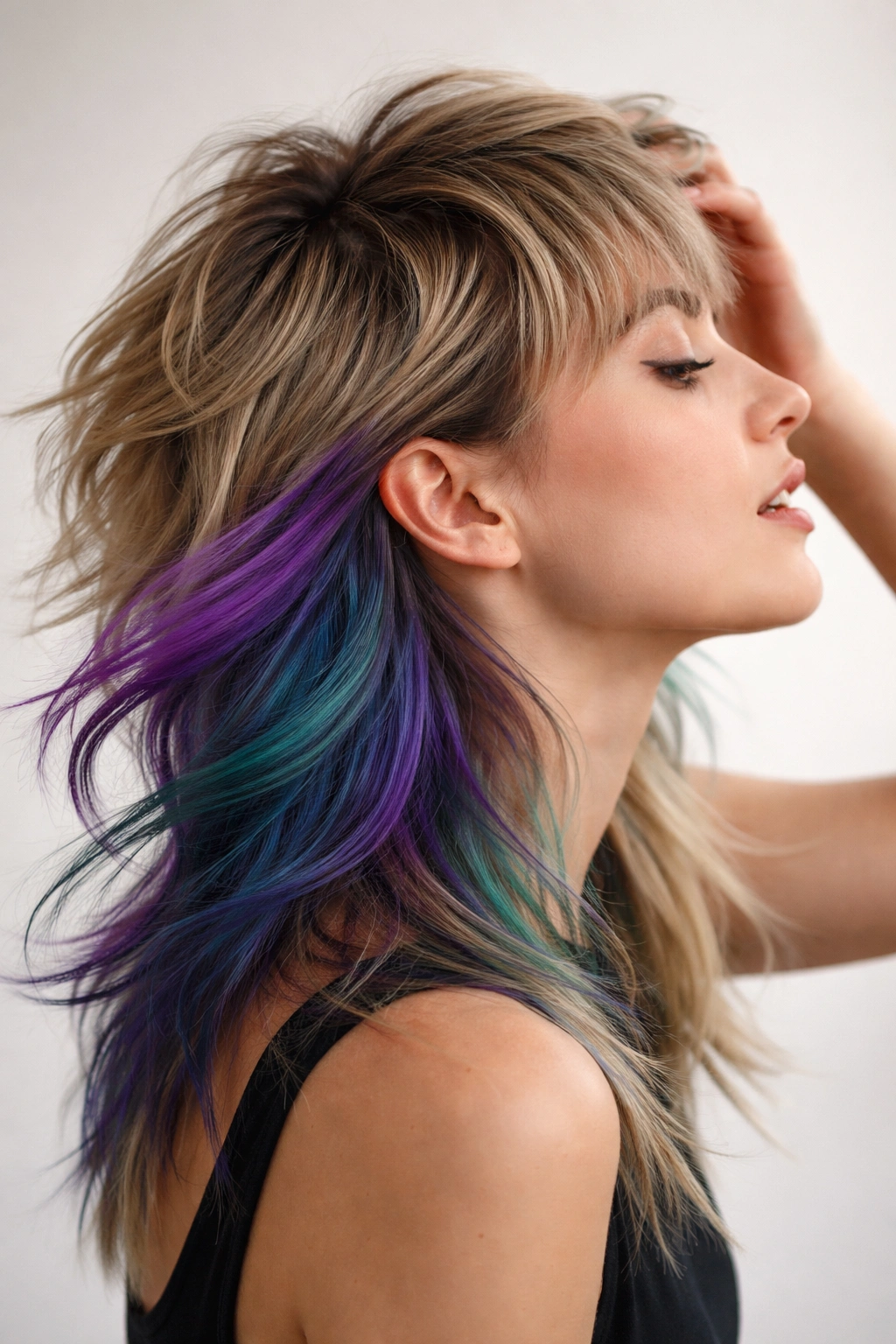 20 Flattering Mullet Cuts Women Are Requesting 20 Profile view of a mullet with a colored underneath visible as hair moves