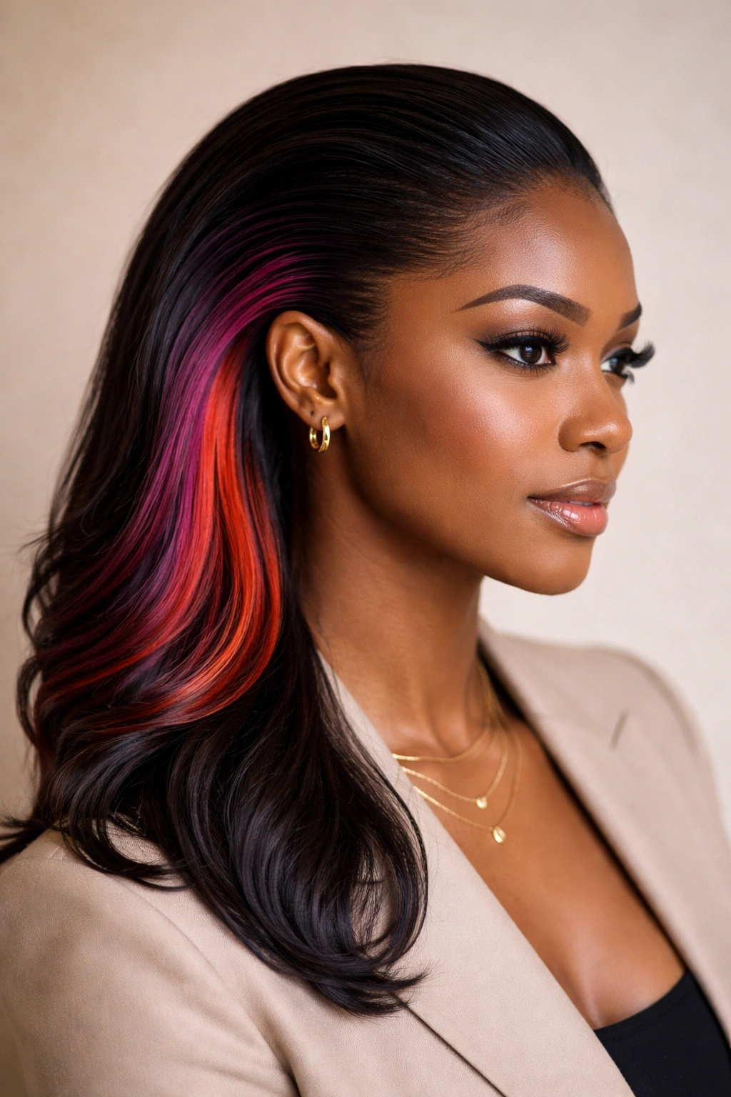 20 Gorgeous Pushback Hairstyles Every Black Woman Should Try 13 Close-up of pushback hairstyle showing colored underside underlayer peeking from a sleek updo