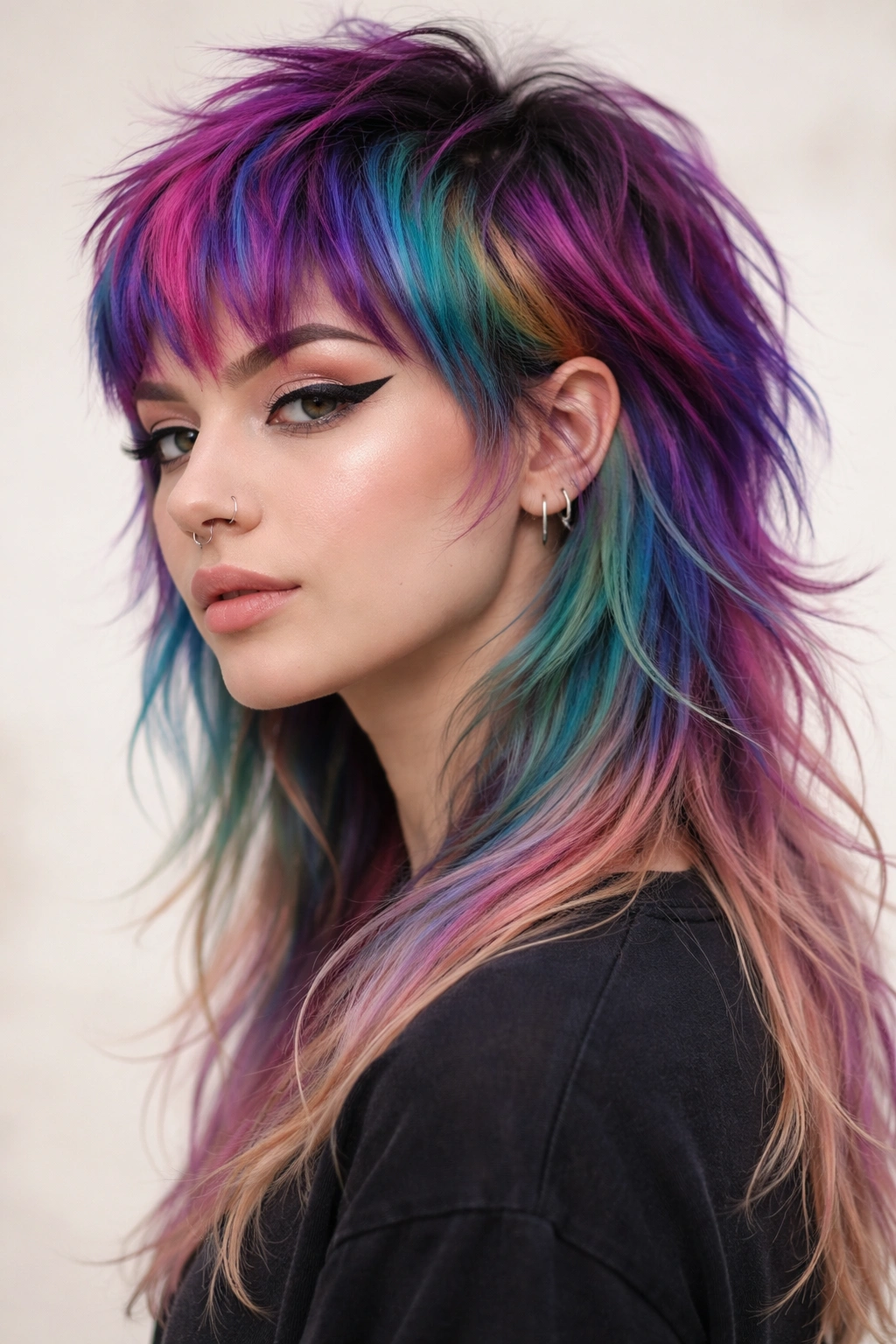 Close-up of a person with a vibrant multicolored mullet featuring a short front and long back