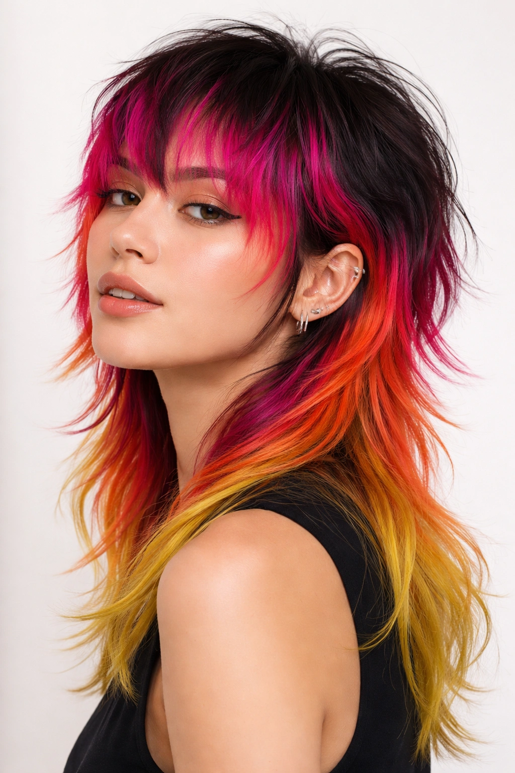 Portrait of person with vivid color-dyed mullet shag showing distinct color zones
