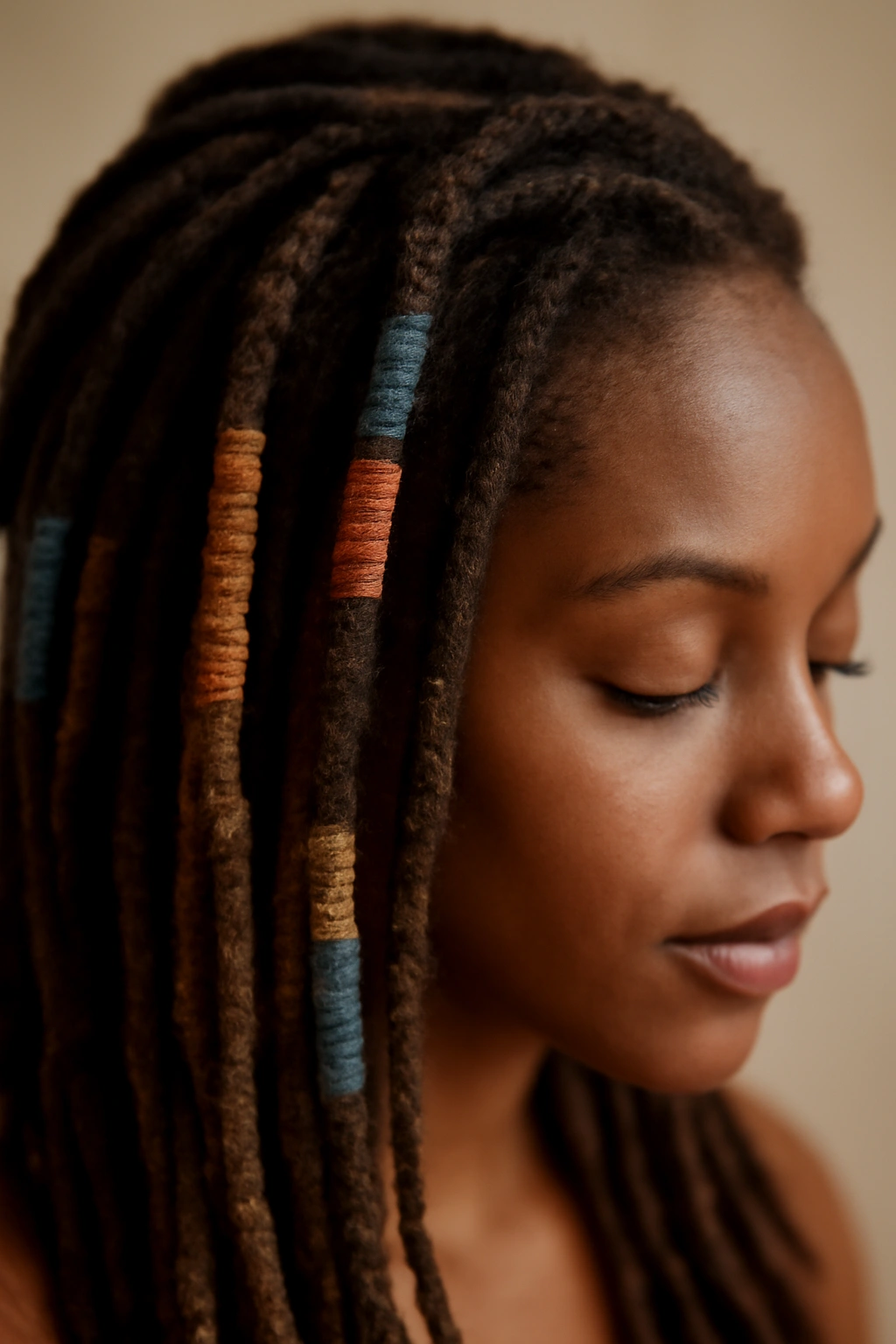 15 Loc Hairstyles That Work for Both Office and Play 11 Locs with colorful wraps close-up highlighting wrapped sections