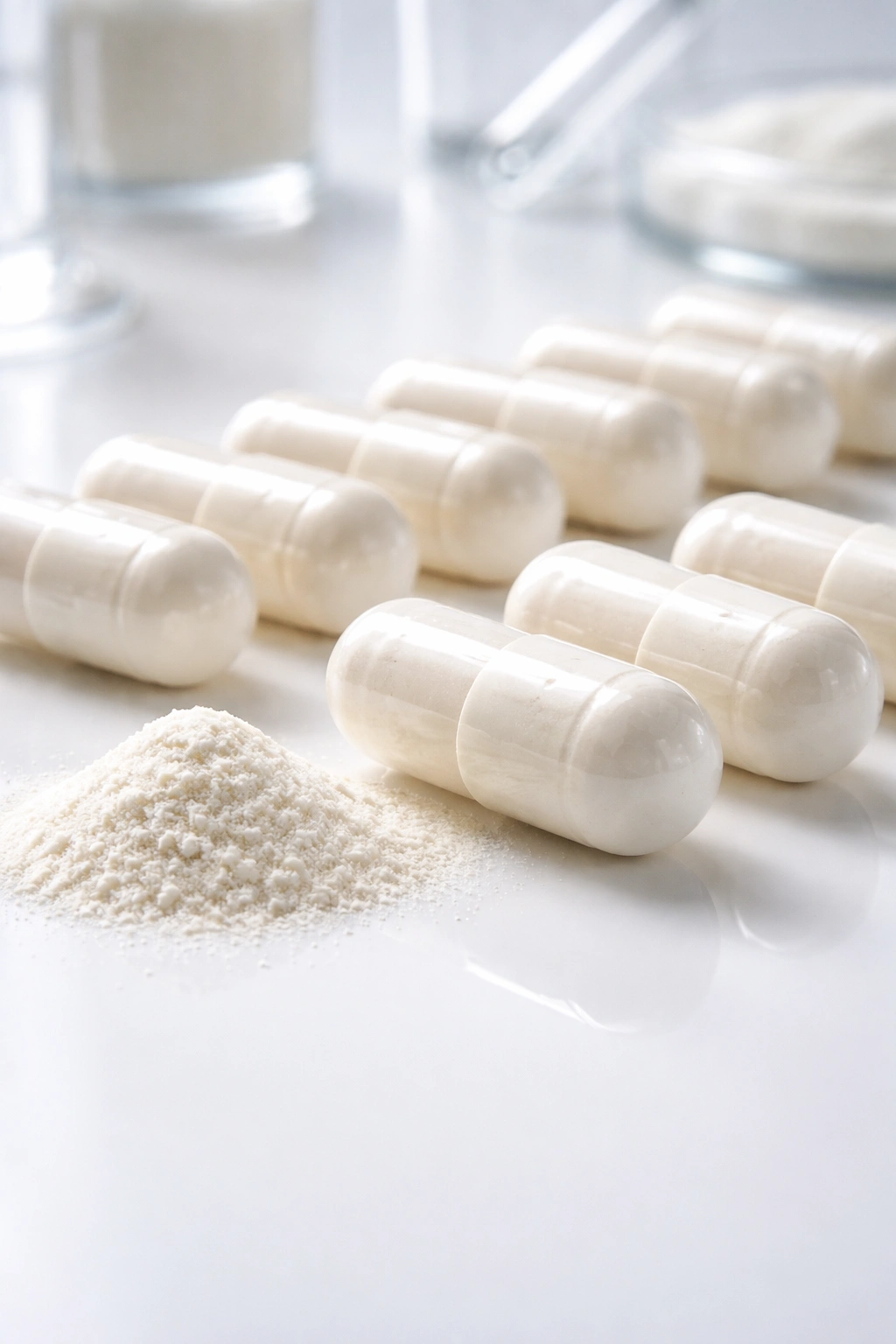 Colostrum capsules lined up on a clean reflective surface