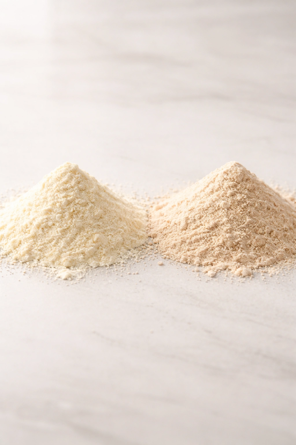 Two powder piles representing a comparison between colostrum and collagen on a clean surface