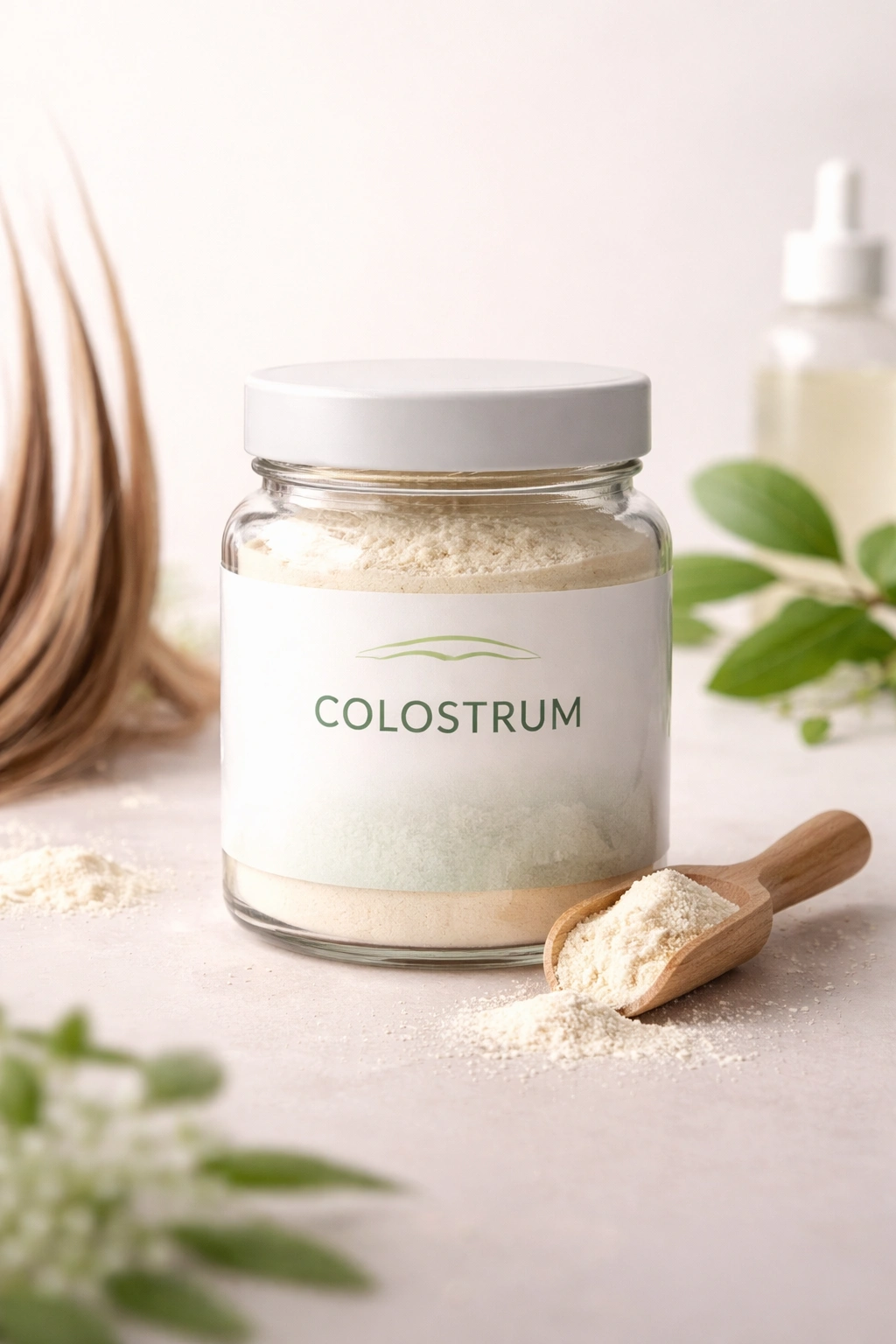 Colostrum powder jar on neutral background
