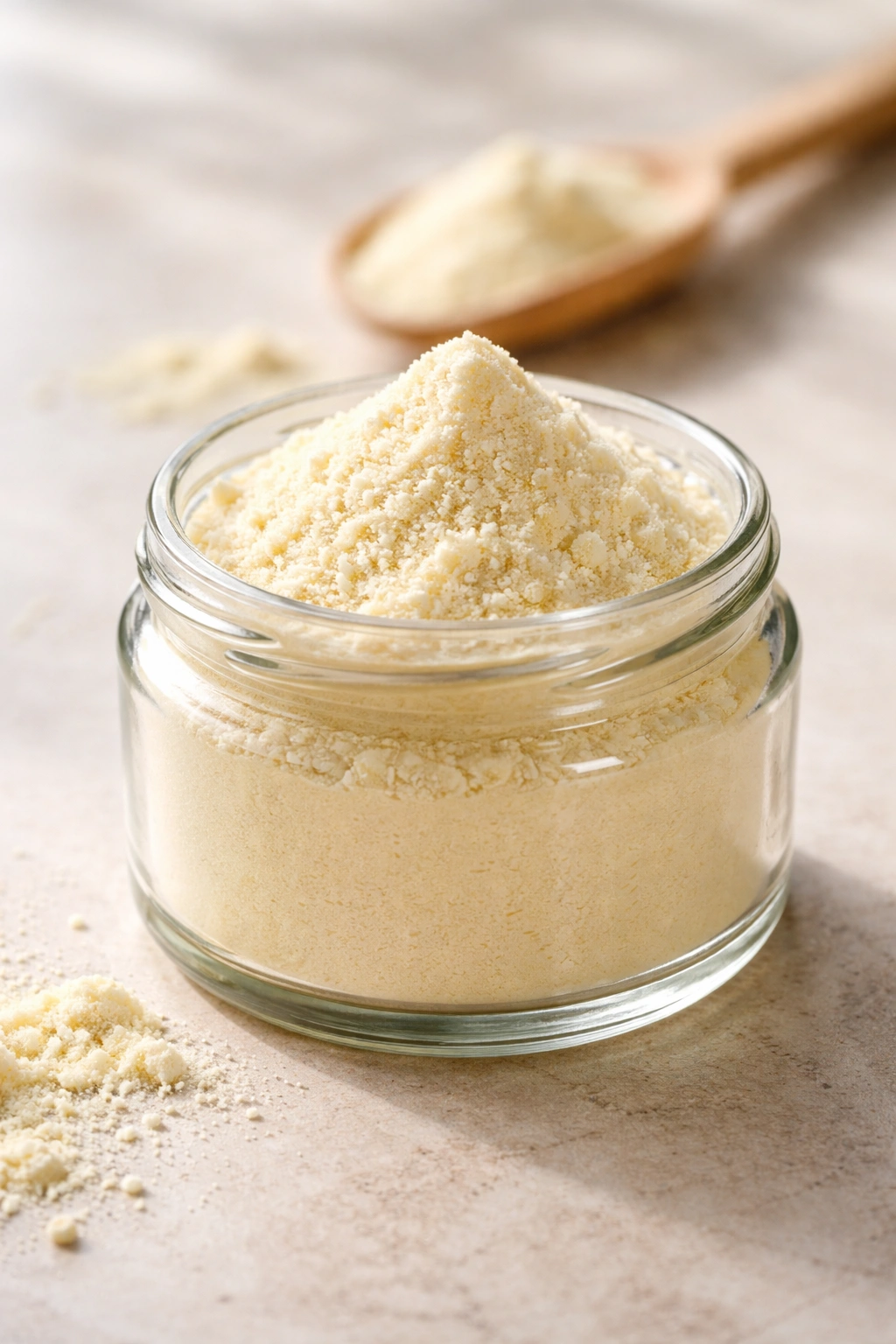 Close-up of pale yellow colostrum powder in a glass jar on a neutral surface