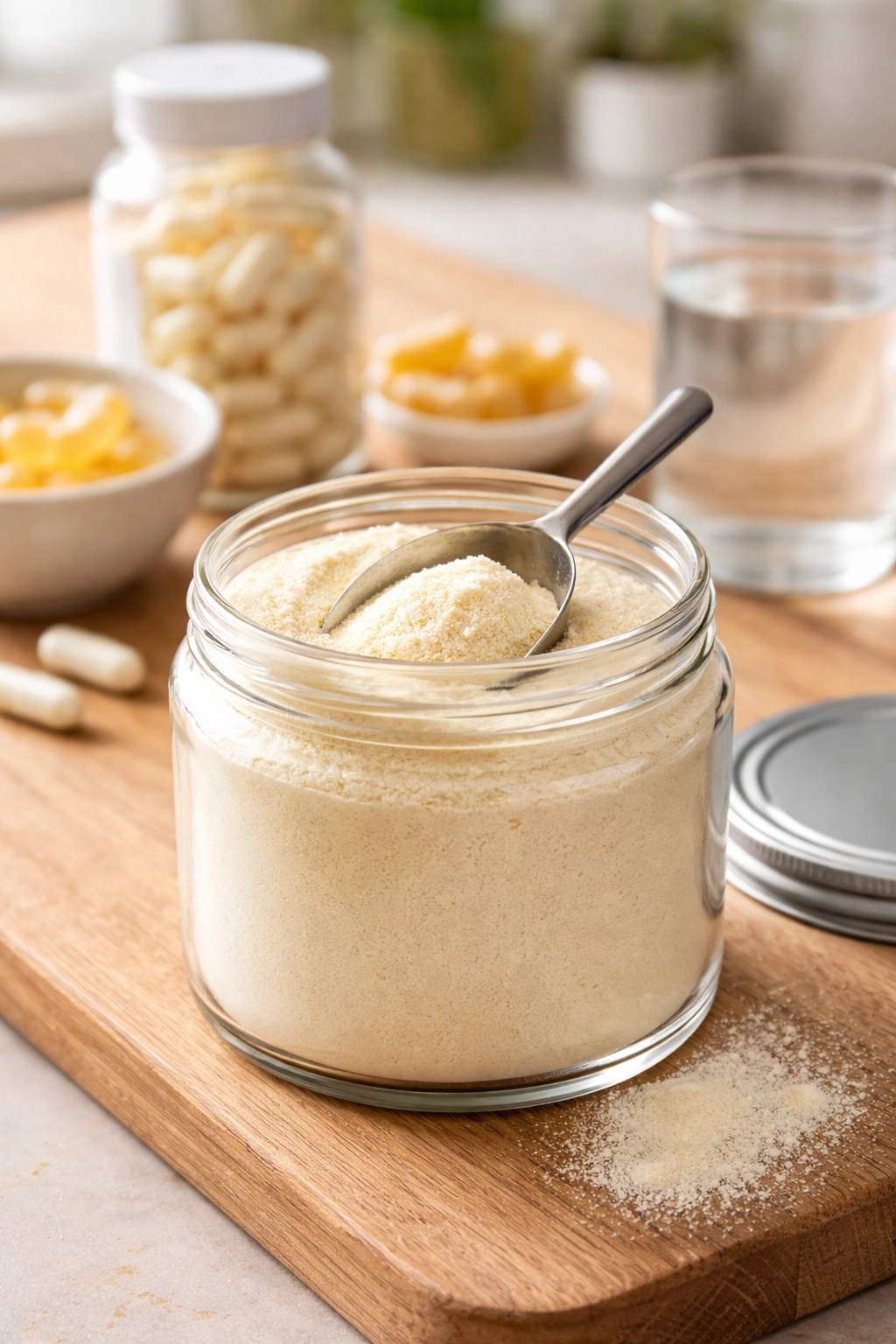 Close-up of colostrum powder in a jar with a scoop on wooden surface