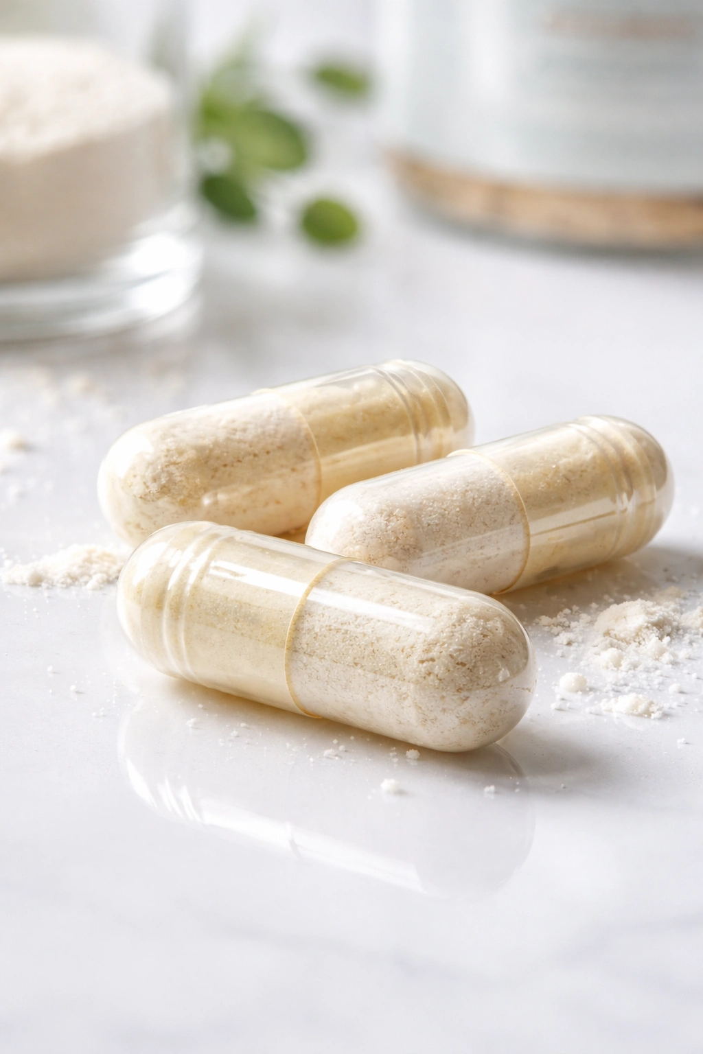Three colostrum capsules on a glossy surface