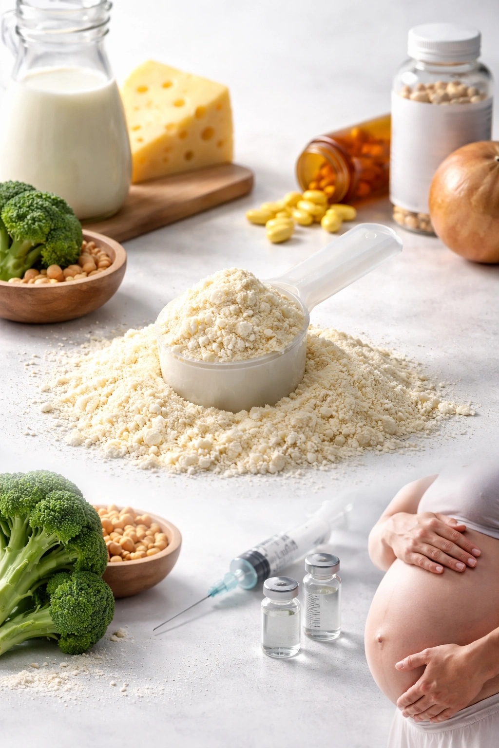 Colostrum powder with scoop on neutral background