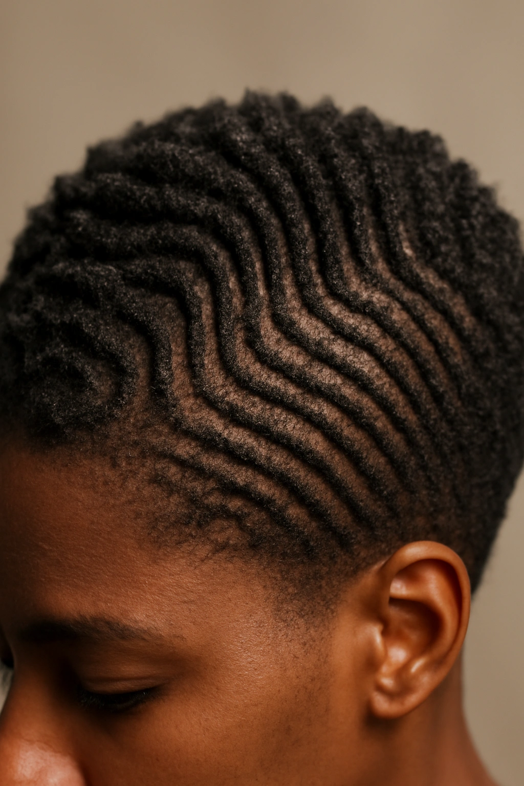 12 Short 4C Hairstyles That Look Effortlessly Good 8 Close-up of 4C hair with sculpted lines and geometric patterns created by a fine-tooth comb.