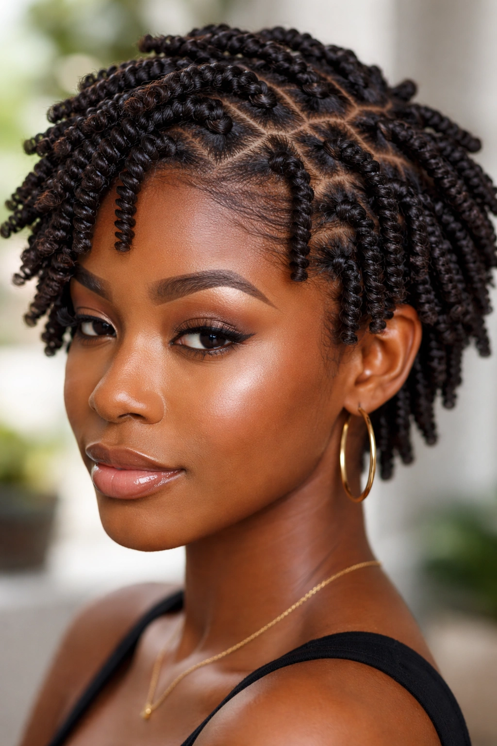 Close-up of comb coils hairstyle with tight springy curls