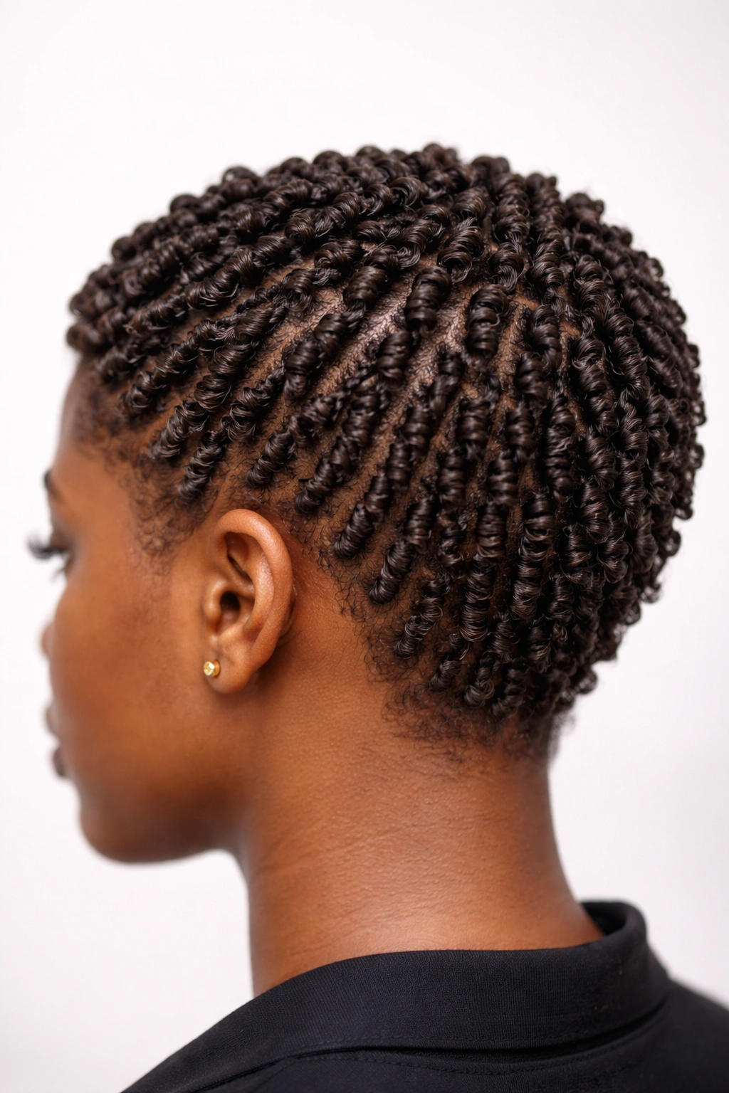 Close-up of tight spiral comb coils on short locs.