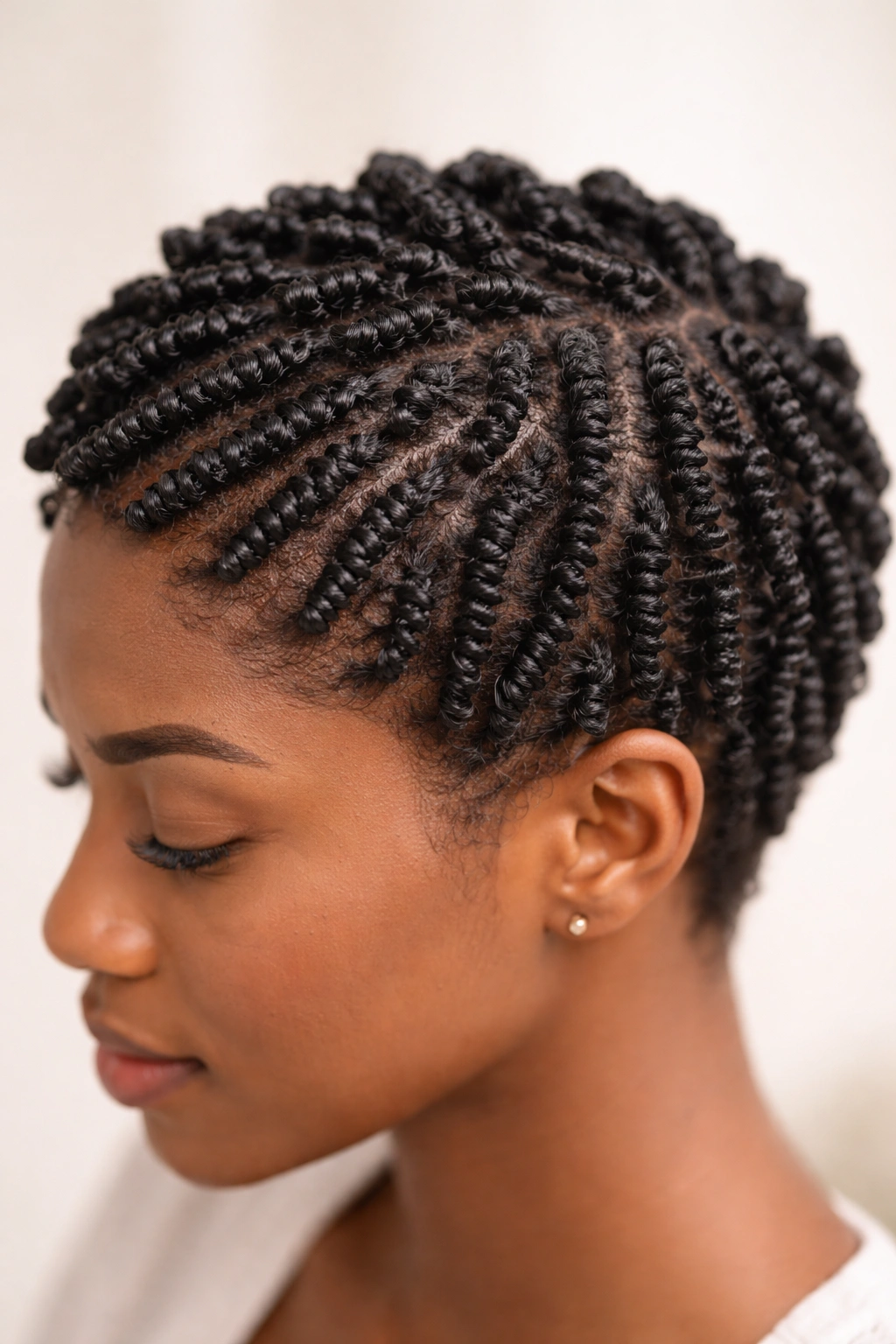 Close-up of short natural hair styled in comb coils