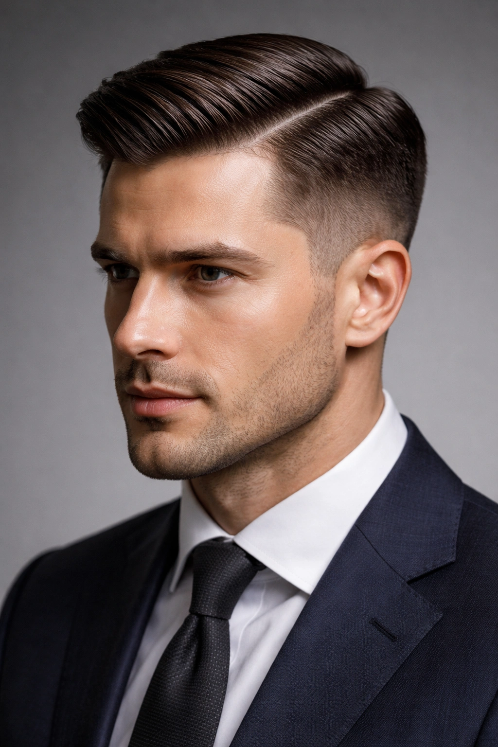 Portrait of a man with a comb-over hairstyle featuring a sharp side part.