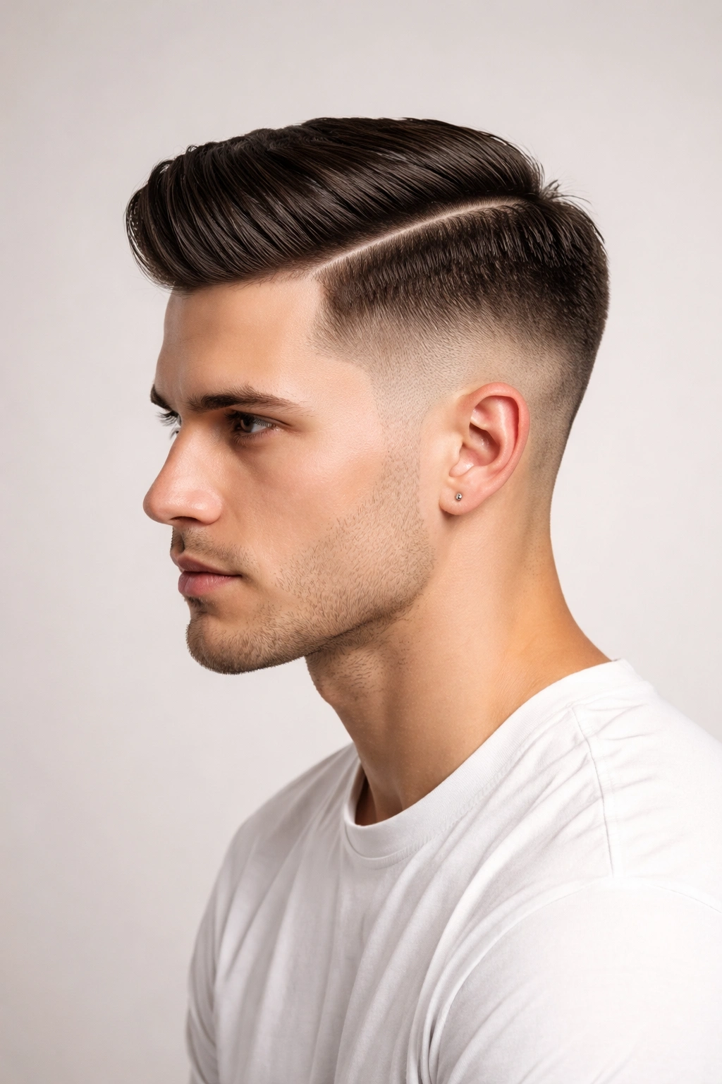 Side profile of a man with a sharp hard part and clean comb over.
