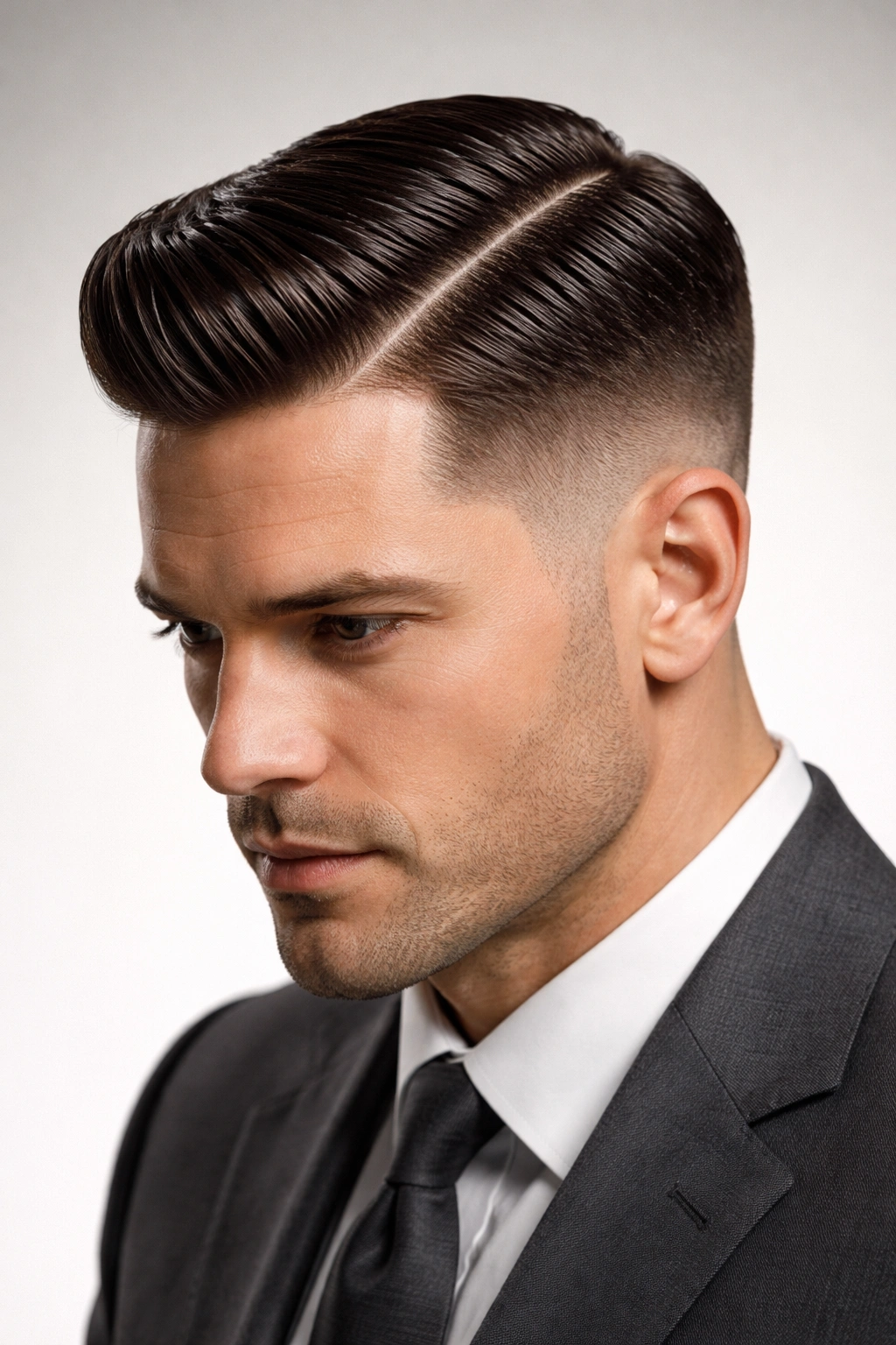 Close-up of a comb-over with a sharp hard part and sleek across-hair styling.