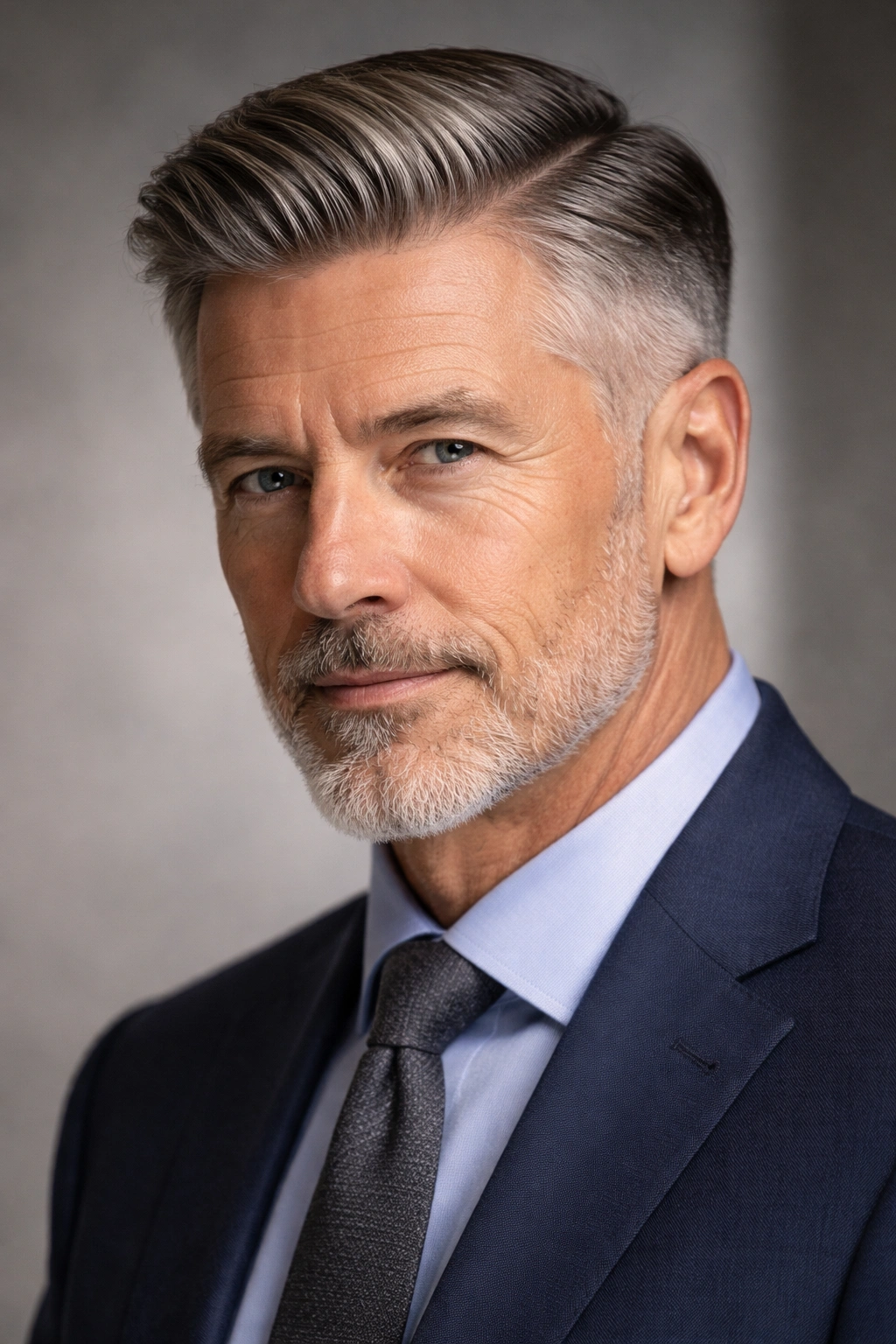 Portrait of a man with comb-over and low fade showing deep side part and stacked sides