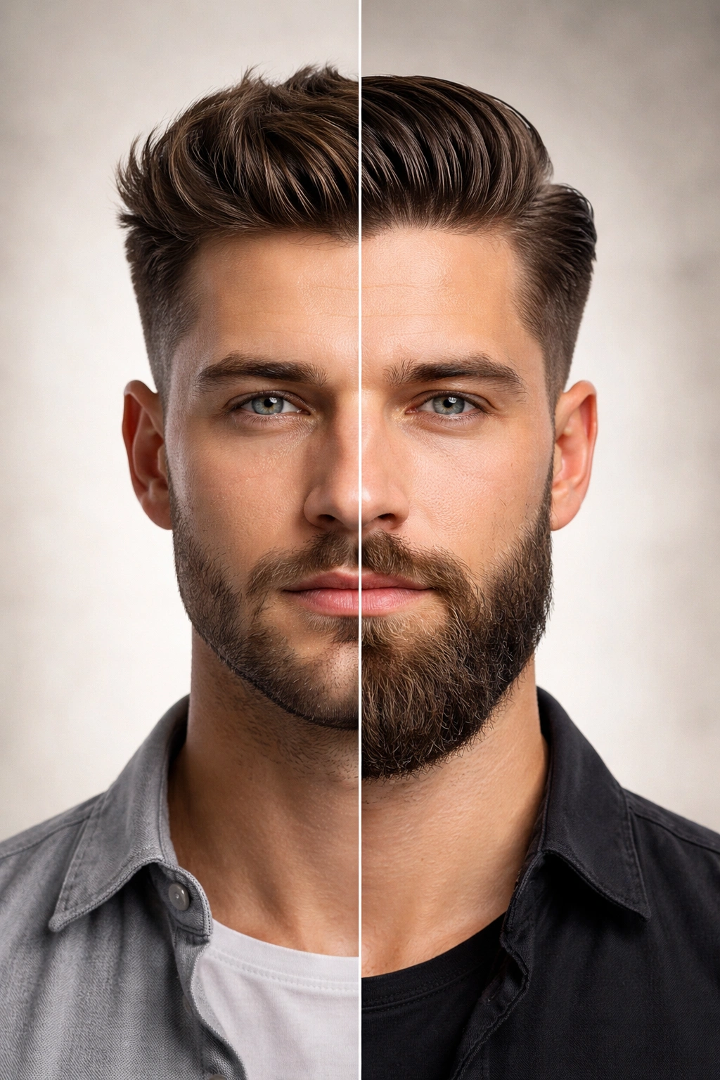 Close-up portrait showing two distinct hair and beard styles on opposite sides of a man's face, illustrating choosing a perfect combination