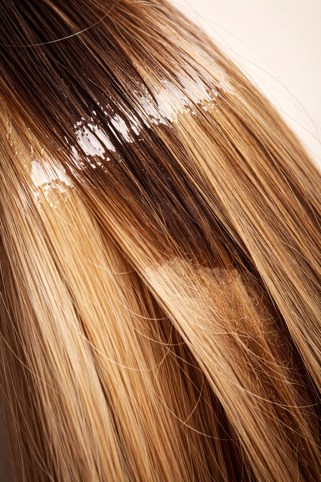 Hair strand with patchy gloss coating illustrating common mistakes