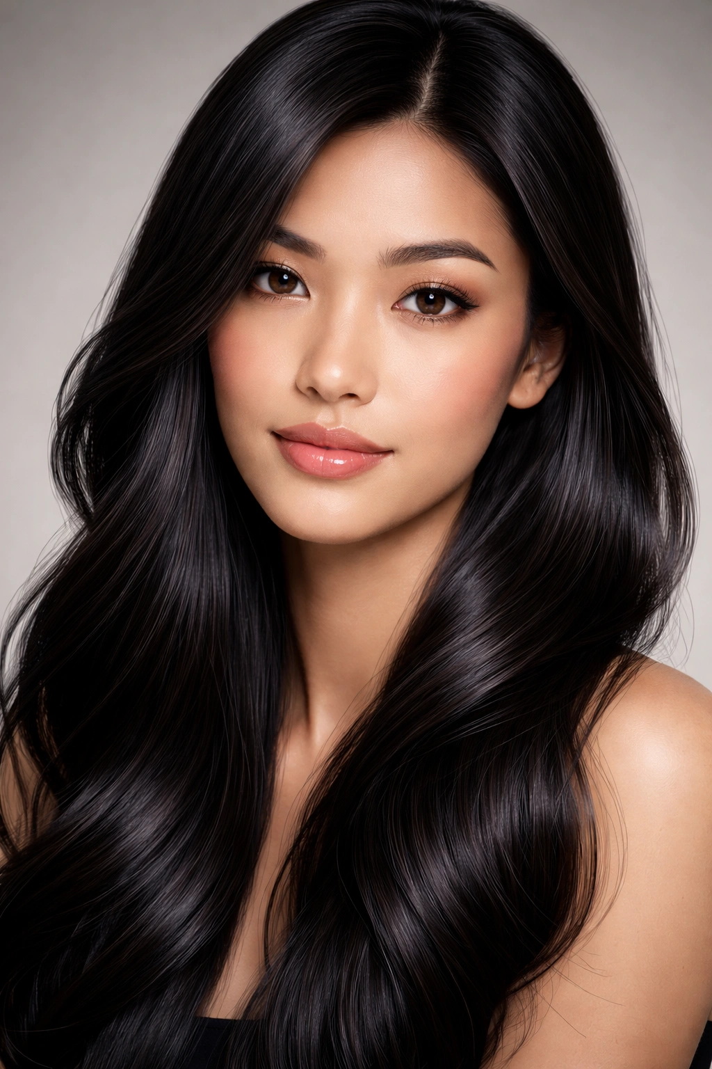 Close-up of jet black hair with rich brown undertones