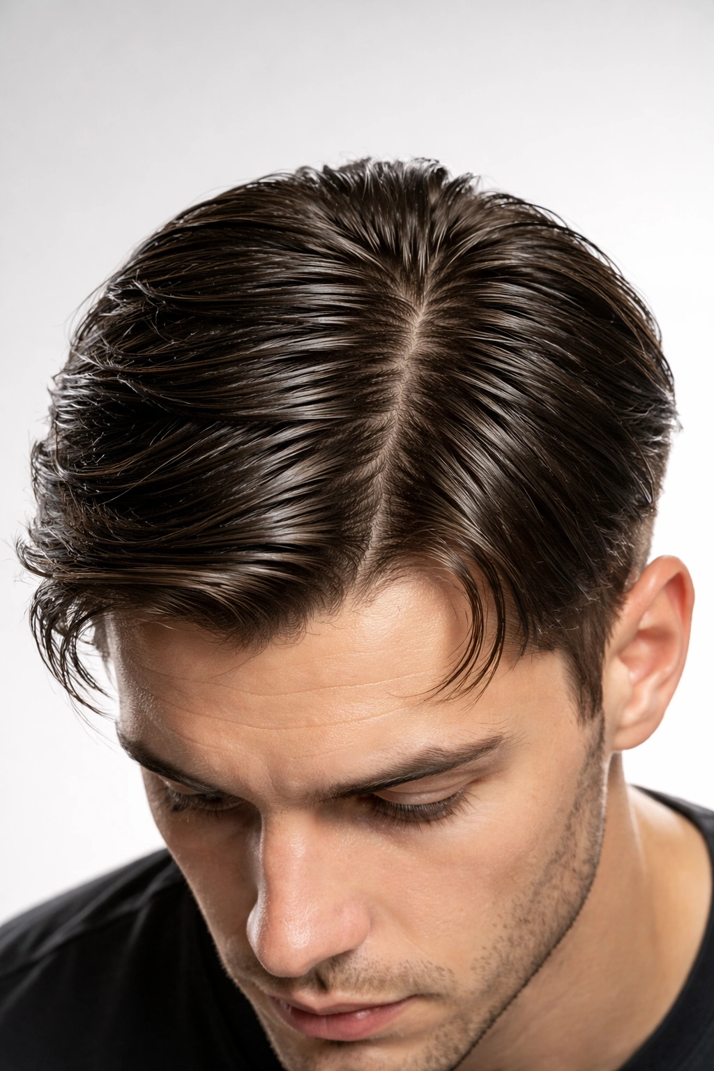 Close-up of straight hair with greasy roots from overuse of product illustrating a common mistake