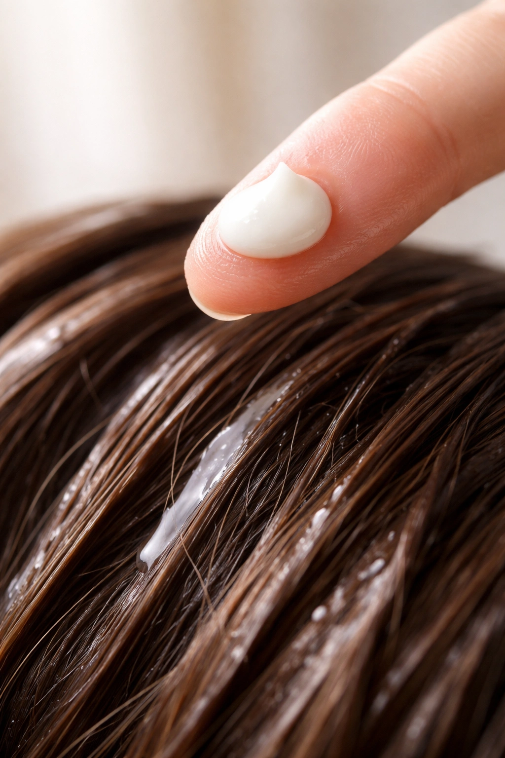 Fingertip with small bead of conditioner over hair