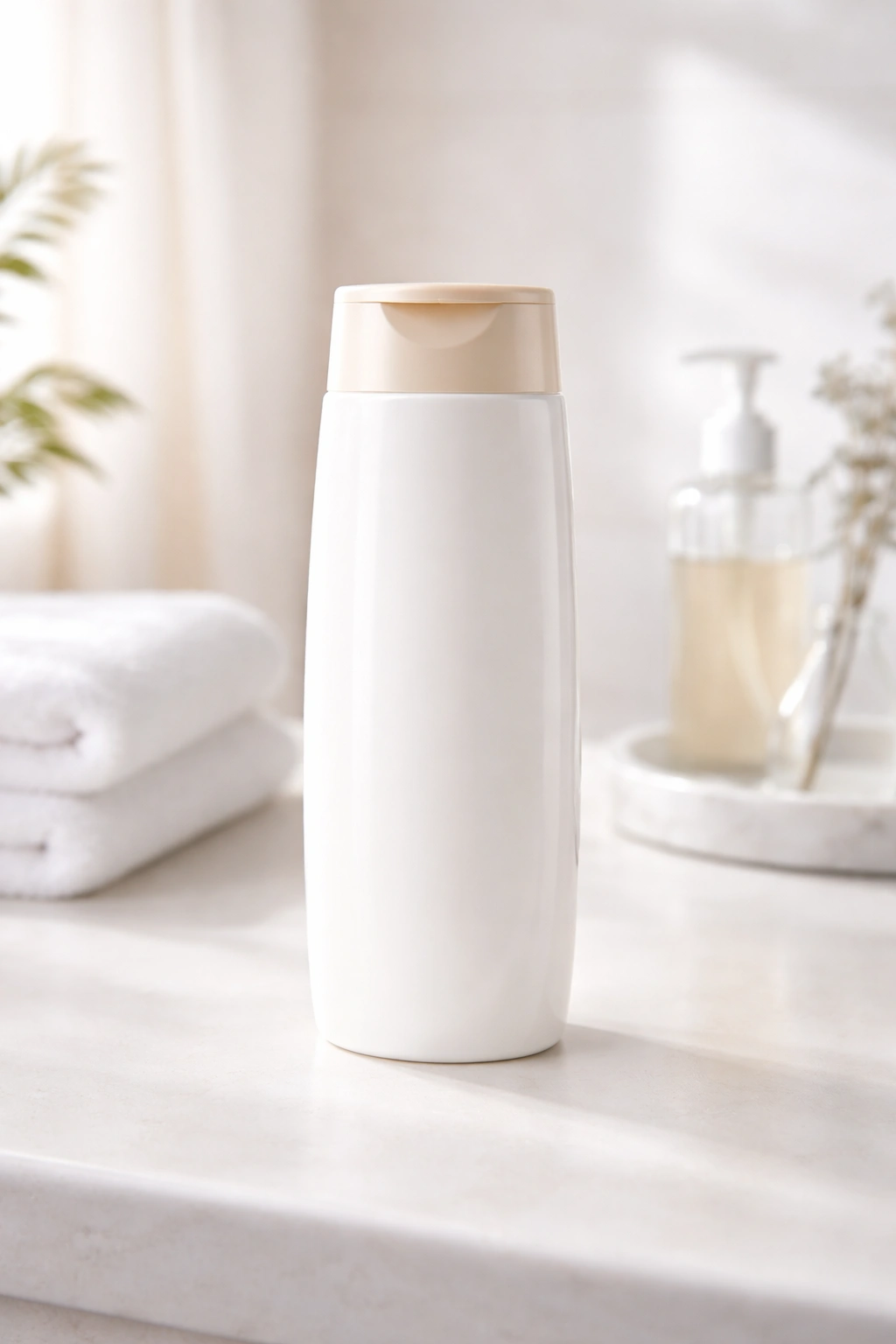 Sleek conditioner bottle on bathroom counter under soft light
