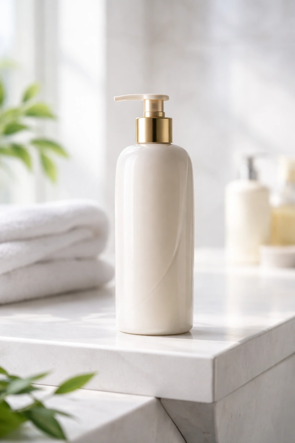 Close-up of a conditioner bottle on a bathroom shelf, suggesting lightweight formula for fine hair