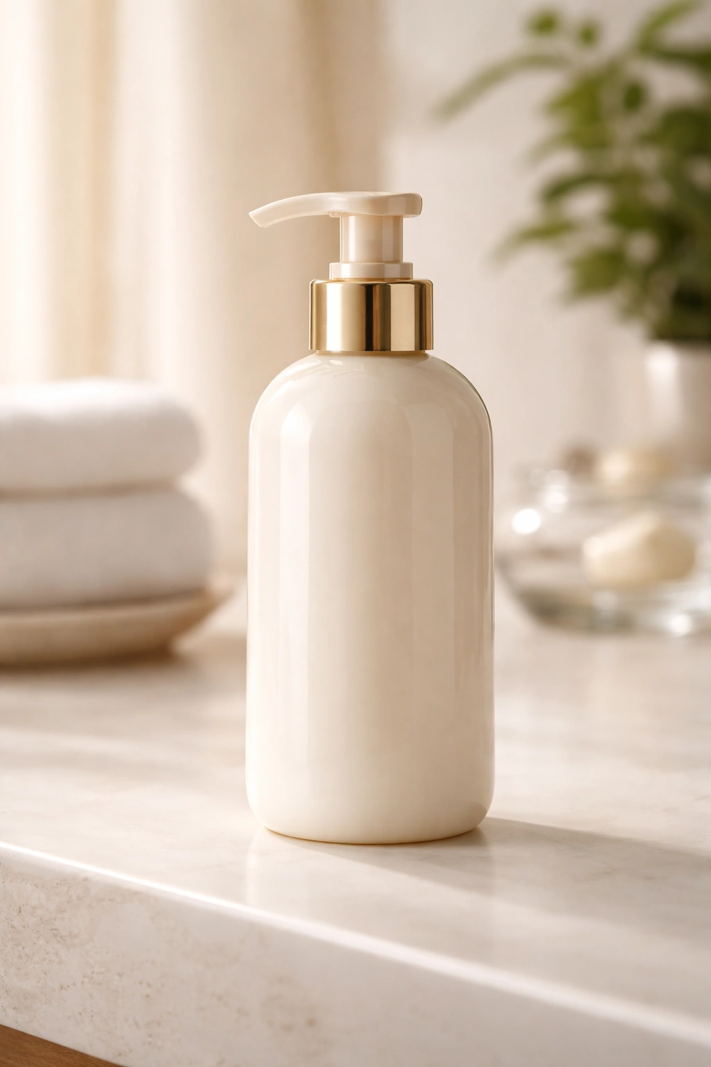 Close-up of a conditioner bottle on a bathroom counter emphasizing moisture for hair conditioning