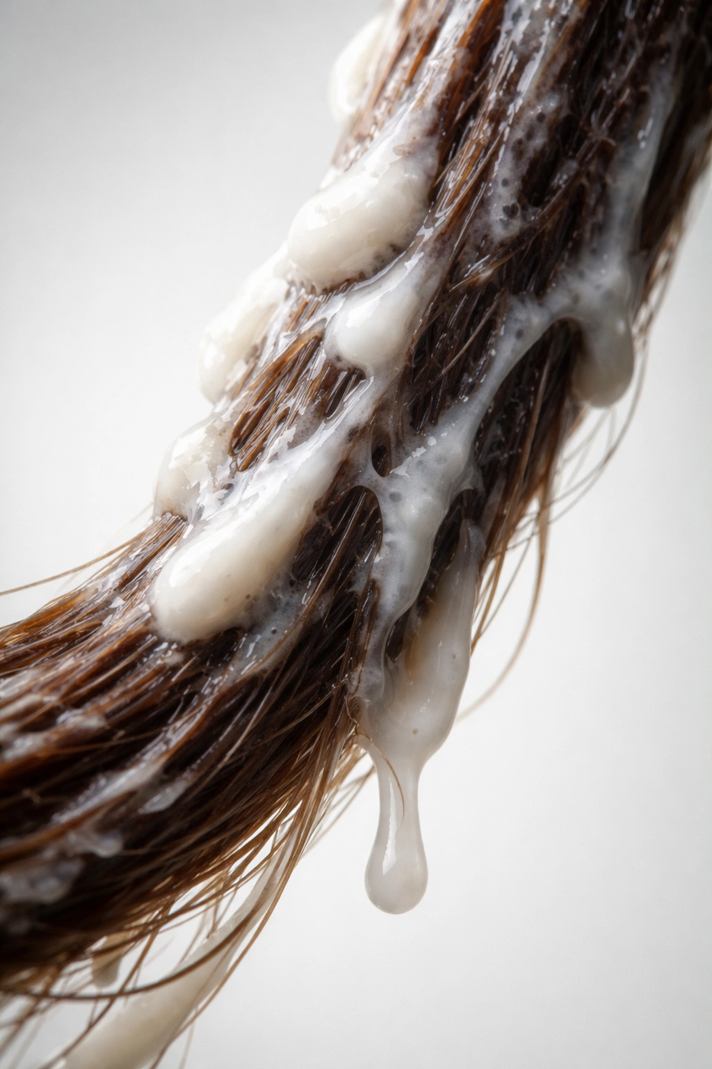 Hair strand with heavy conditioner coating causing stiffness