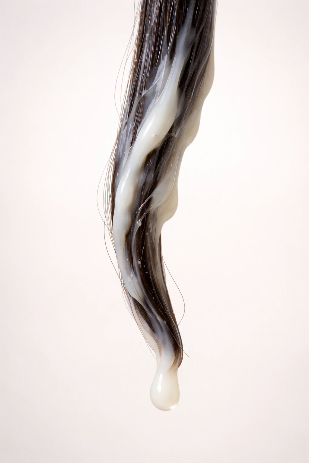 Limp hair strand weighed down by heavy conditioner coating.