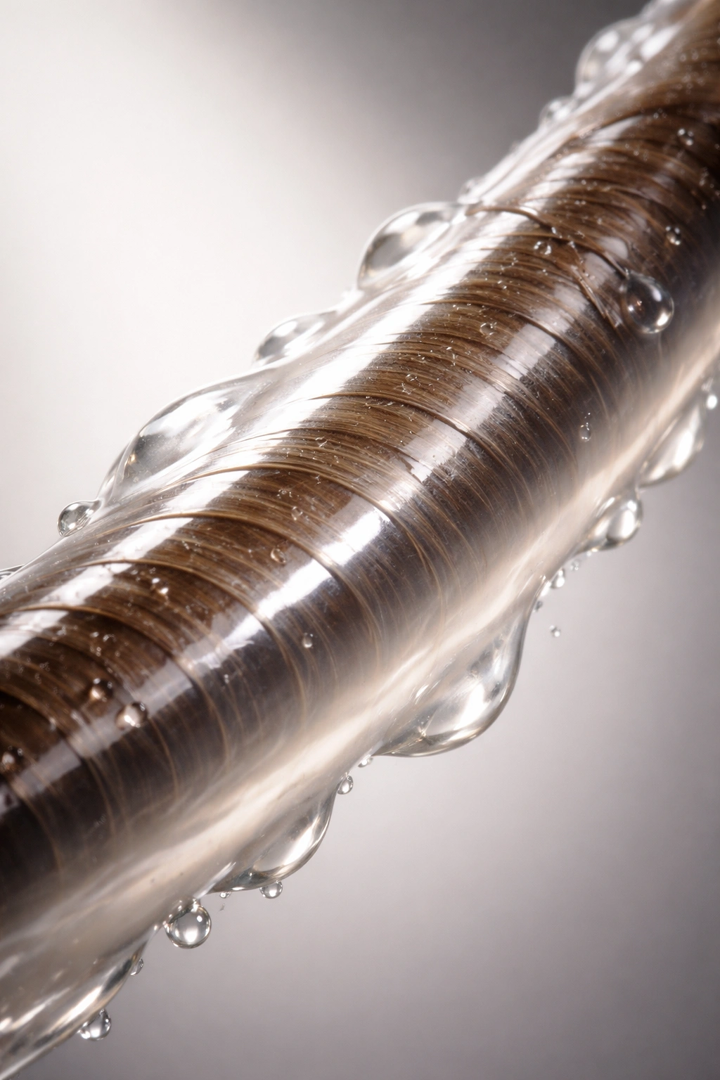 Macro close-up of a hair strand with a glossy conditioner coating highlighting cuticle layers