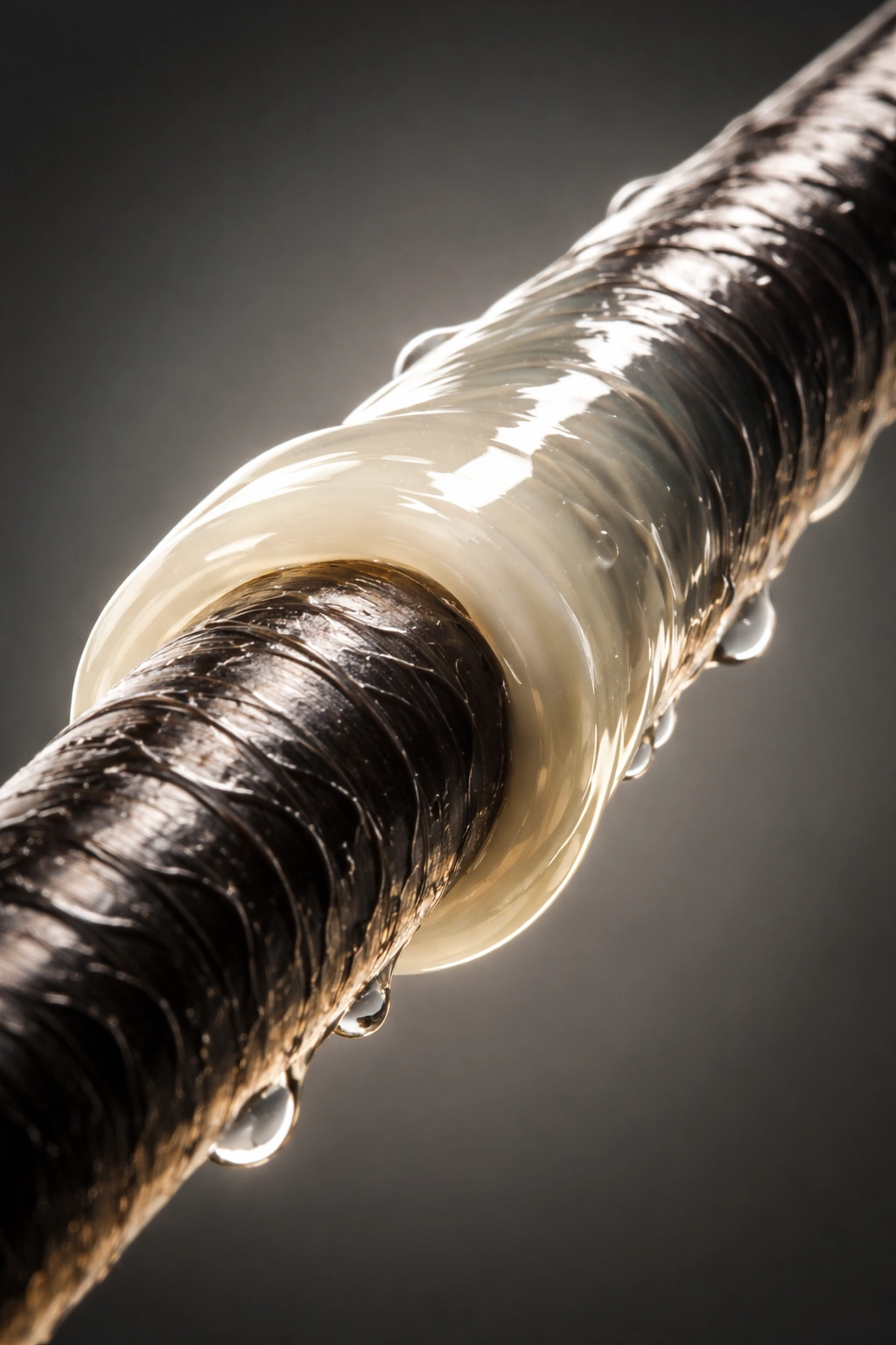 Close-up of a single hair strand with a glossy conditioner coating