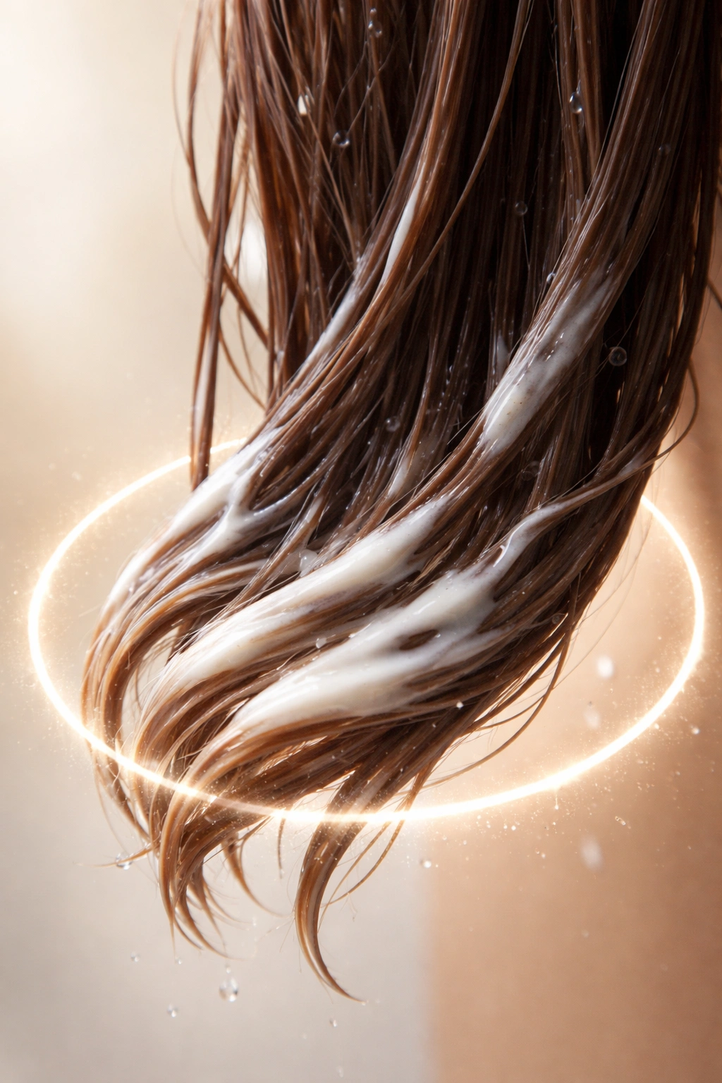 Damp hair with circular glow indicating conditioning duration without numbers