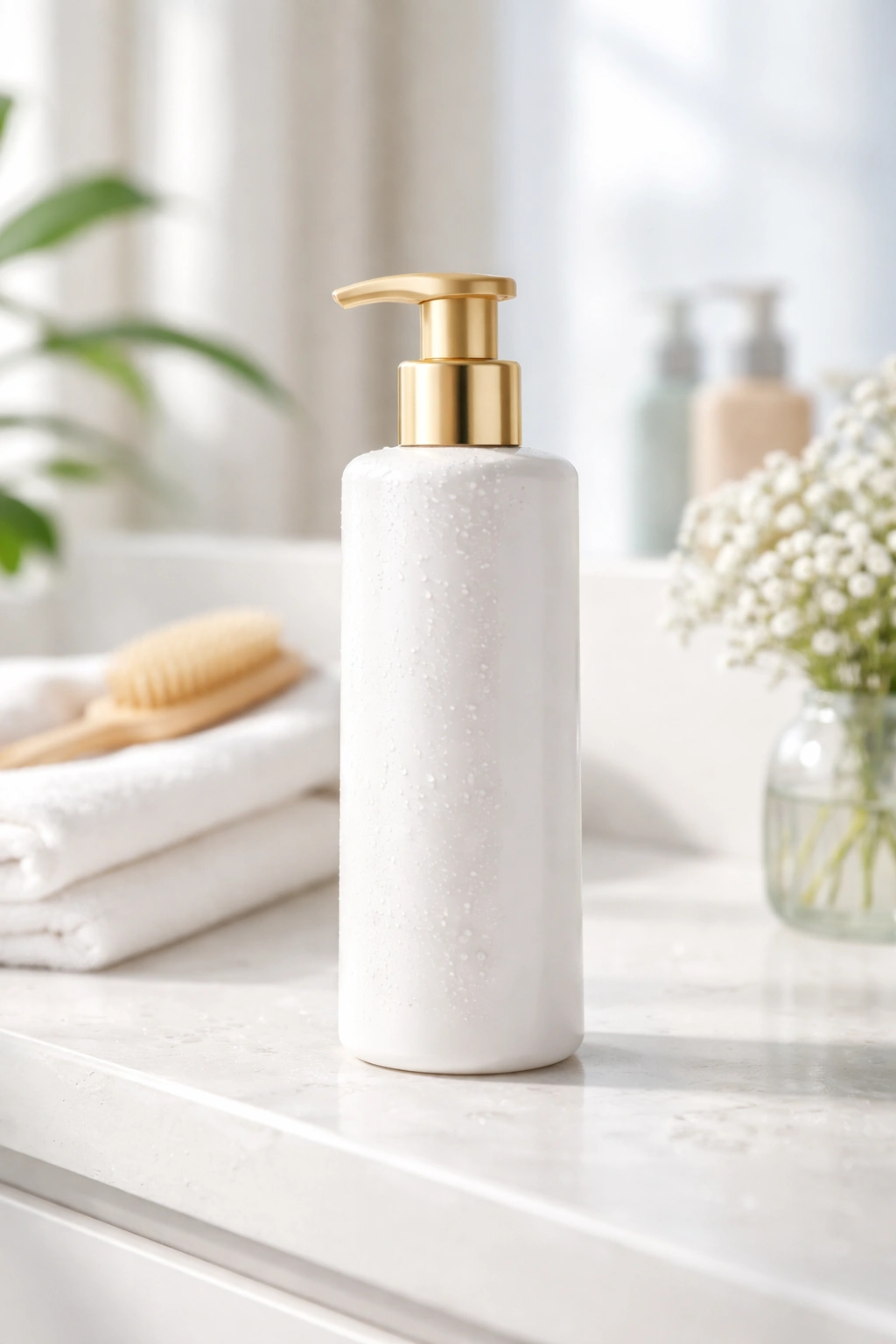 Conditioner bottle on a clean bathroom counter