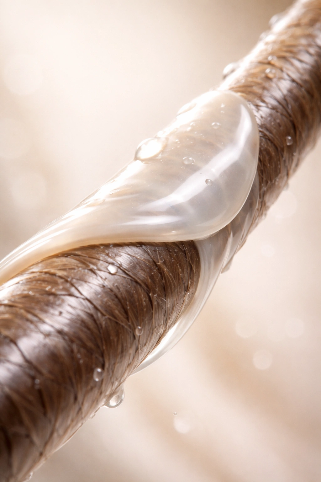 Close-up of a single hair strand with glossy conditioner coating showing protected cuticle
