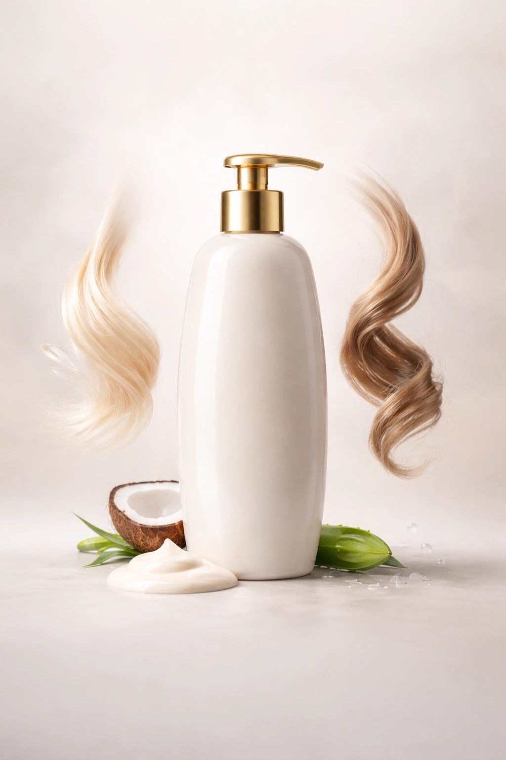 Close-up of a conditioner bottle on neutral background