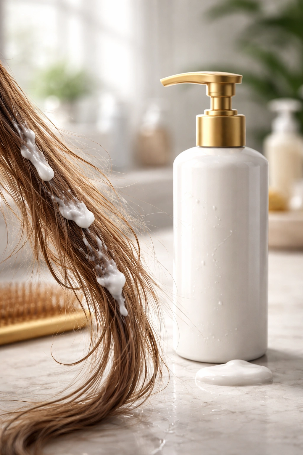 Close-up of conditioner bottle and hair strand showing uneven coating to illustrate mistakes