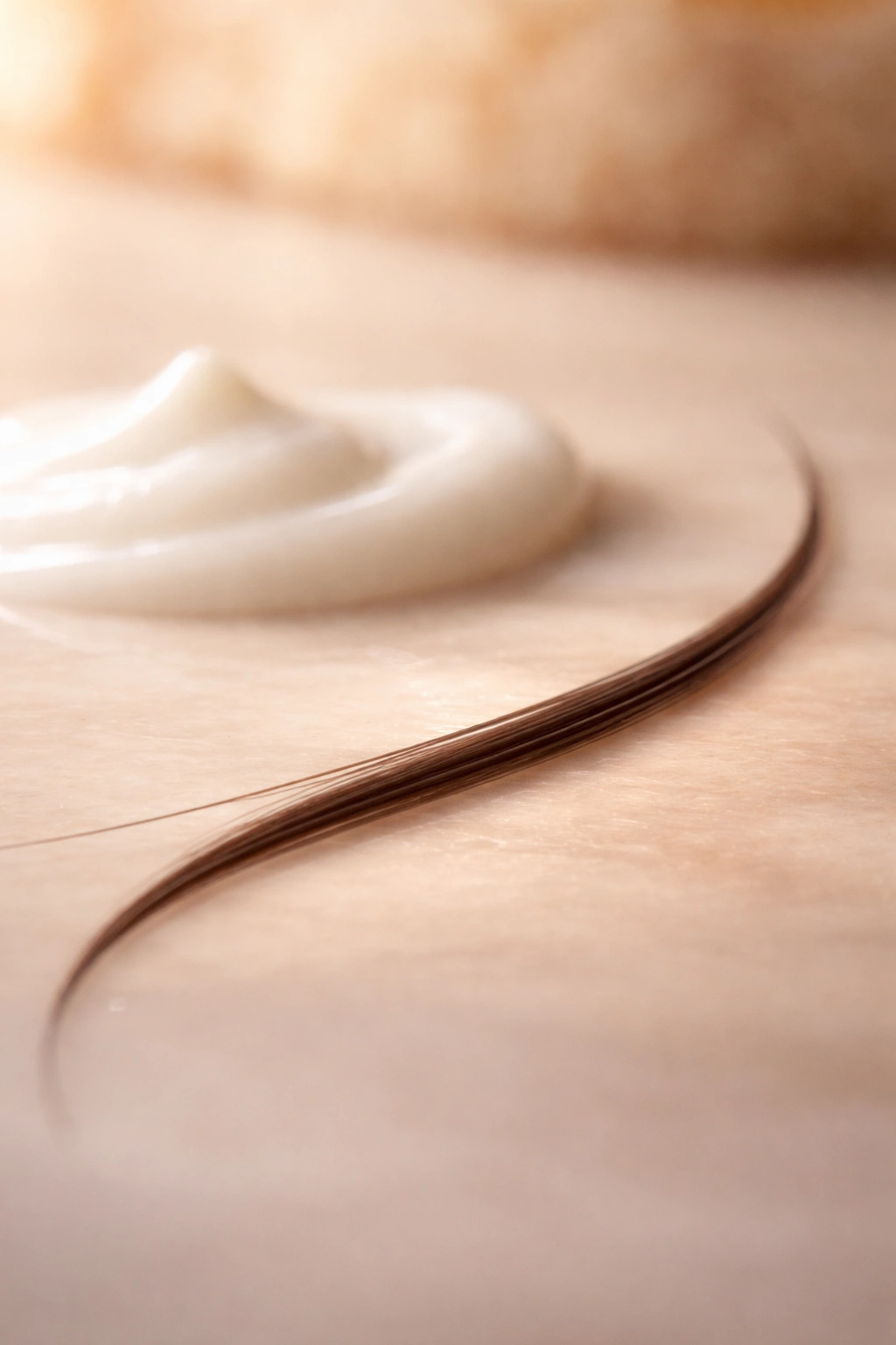 Single healthy hair strand on soft surface with warm light